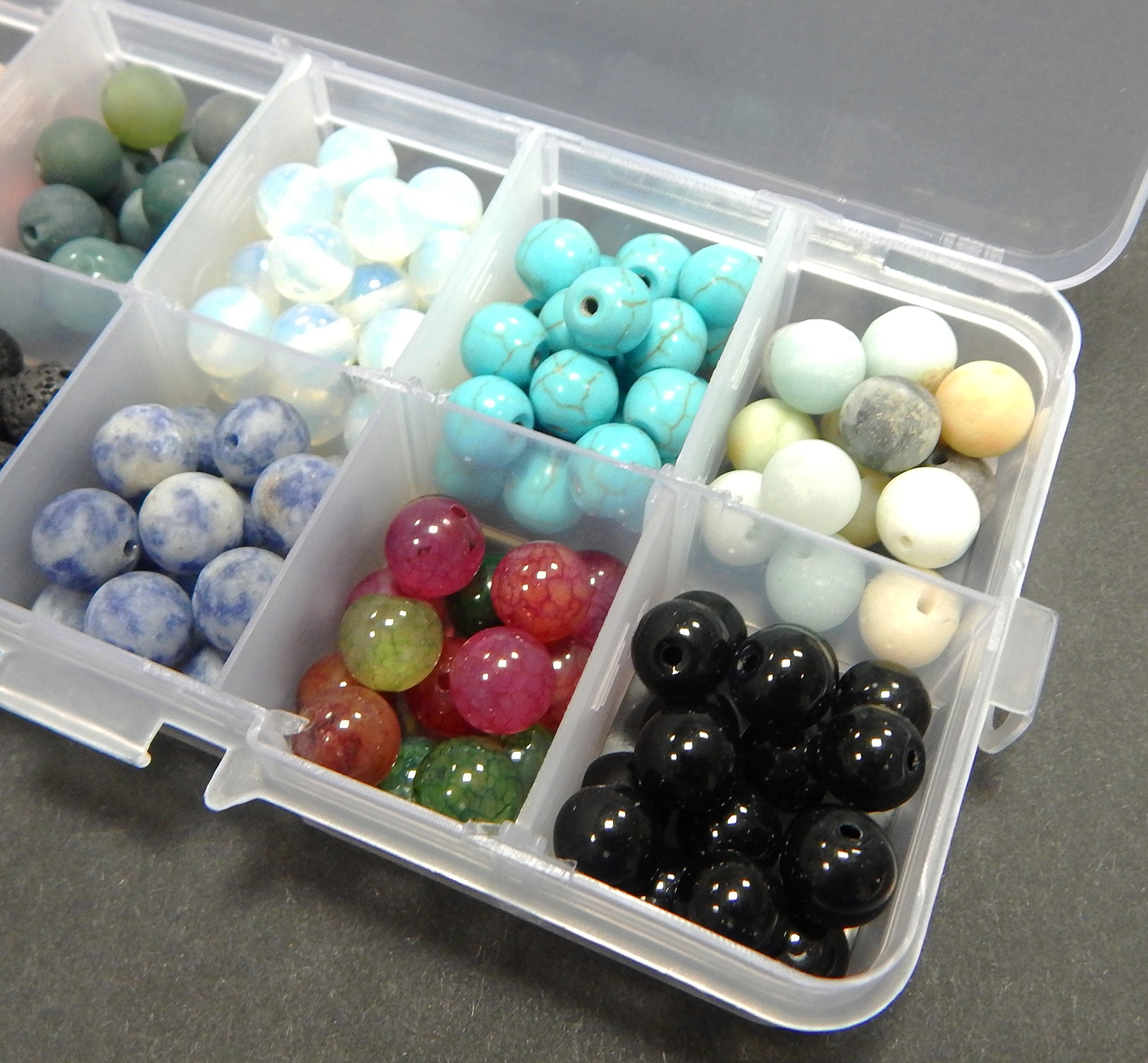 Perlin 150stk. Edelsteine Halbedelstein Perlen 8mm Bastel-Set 10 Farben Amethyst, Mondstein, Lava stein, Jaspis, Onyx Schwarze, Tourmaline, Sodalith, Amazonite, Türkis, Indische Achat mit Sortierbox