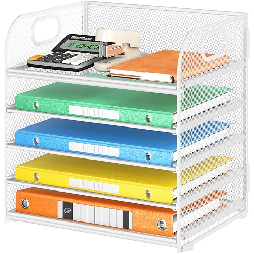 Lavatino 5 Tray Paper Organizer Letter Tray with Handle - Mesh Desk File Organizer, Paper Sorter Organizer for Office, Home or School File Folder Holder - White