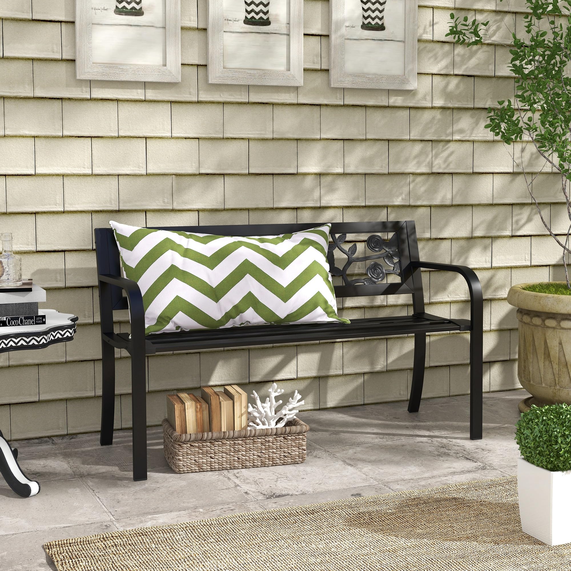 Outsunny 50" Banco Exterior de Metal, Banco 2 plazas Negro | Respaldo con patrón floral, reposabrazos curvo, invernadero, piscina, cubierta, jardín