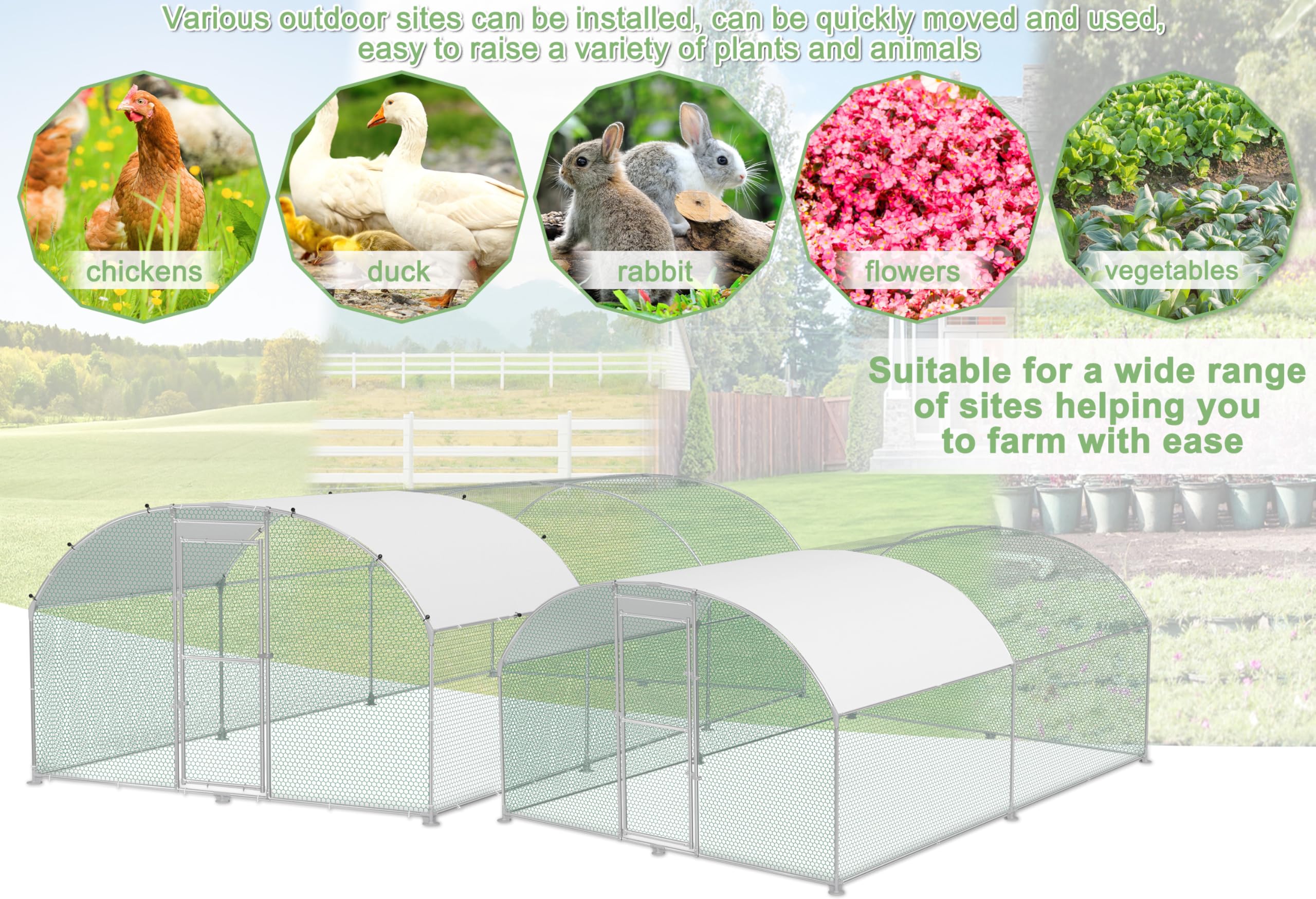 Hühnerstall Freilaufgehege 3x6x2m, Verzinkter Stahlrahmen Geflügelstall Hühnerhaus Bogenform Design mit Sonnenschutzdach, Outdoor Hühnerkäfig Voliere für Hühner, Enten, Kleintiere