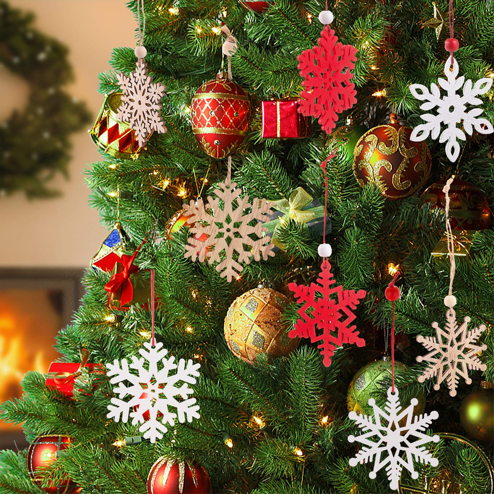 Homewit Decorazione natalizia in legno, 18 pezzi, 7 cm, 6 stili, decorazione per albero di Natale, con corda di iuta, per albero di Natale, spessore 3 mm