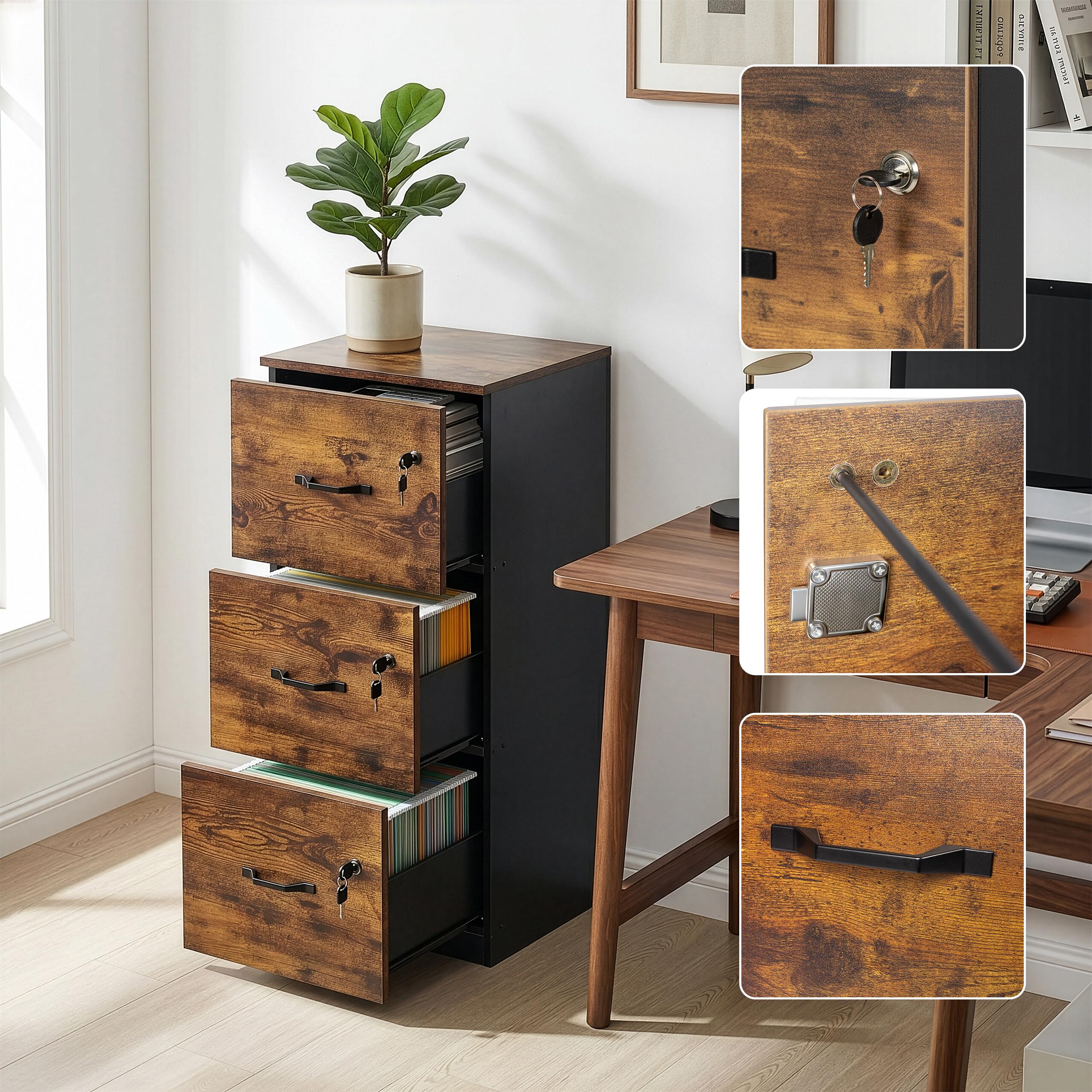 Relaxdays Armoire à dossiers Suspendus, 3 tiroirs verrouillables, H x L x P : 103 x 40 x 40 cm, Noir/Marron