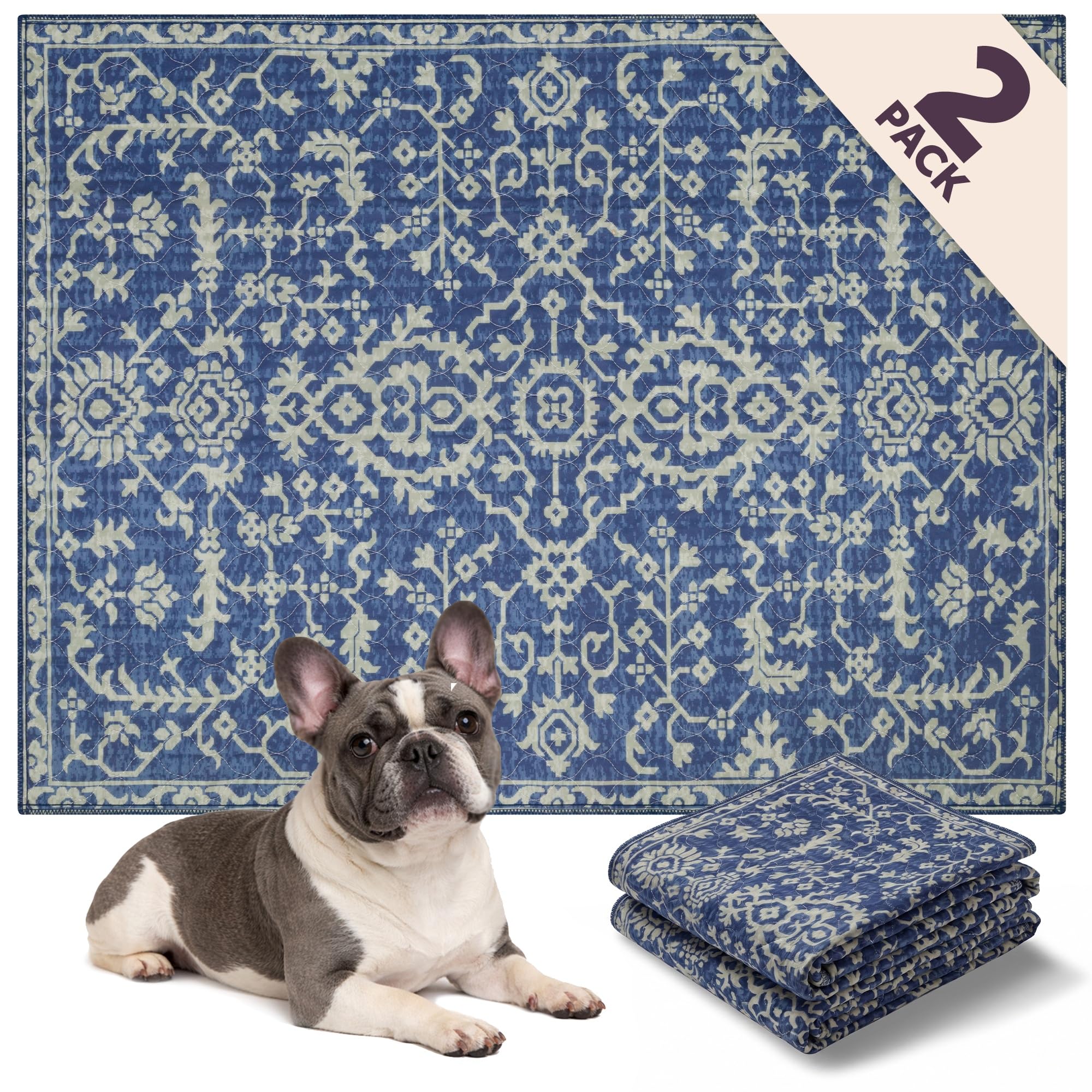 LOVEWAG Washable Dog Pee Pads, 36" x 48", Waterproof, Non-Slip, Super Absorbent, Reusable Machine-Washable, 2-Pack (Royal Blue Quilt) — image 1