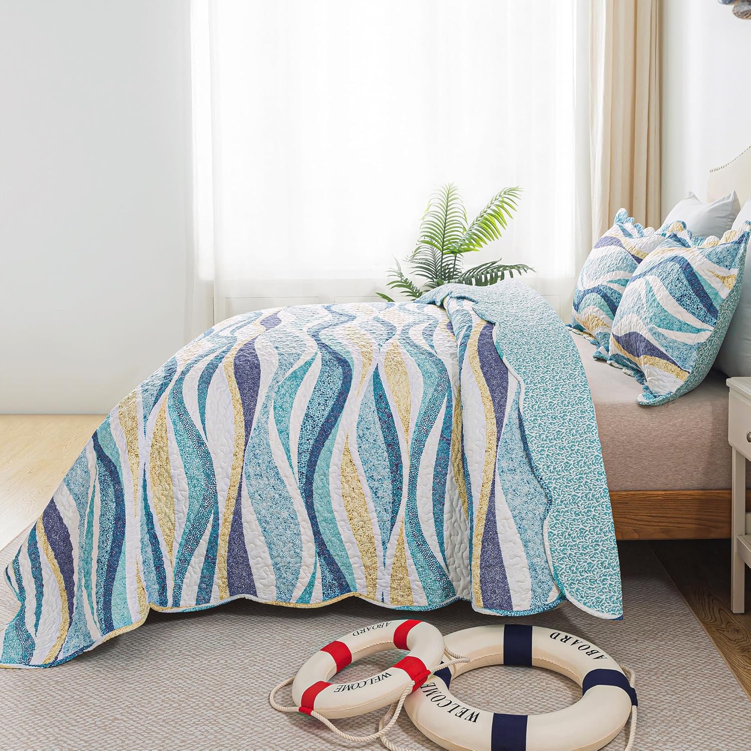 HoneiLife Beach Quilt King Size - 3 Pieces Coastal Quilt Sets Nautical Bedspreads Ocean Coverlets Lightweight Bed Cover, King Quilt Bedding Set All Season Quilts - Image 3