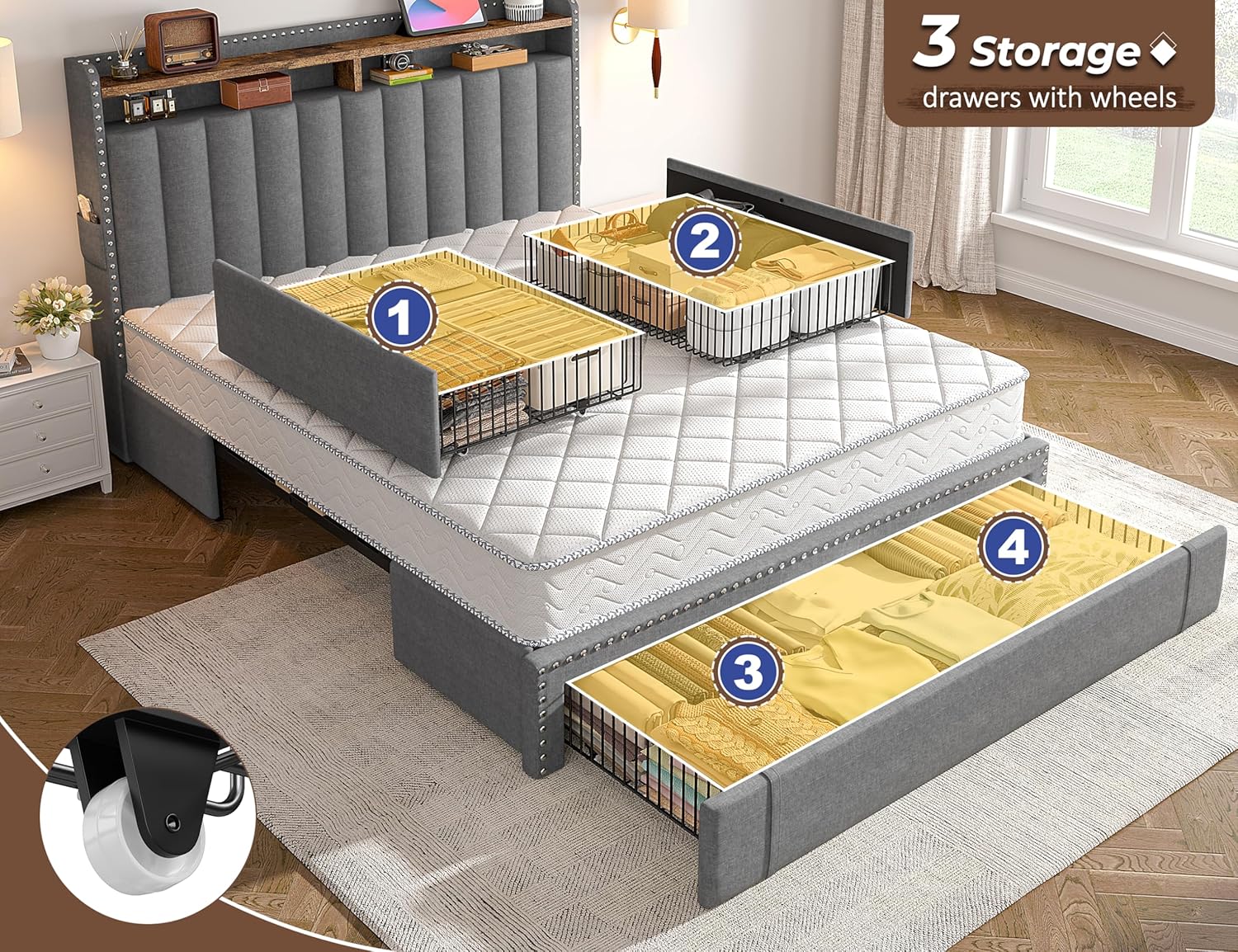 Close-up of storage drawers with items and wheels