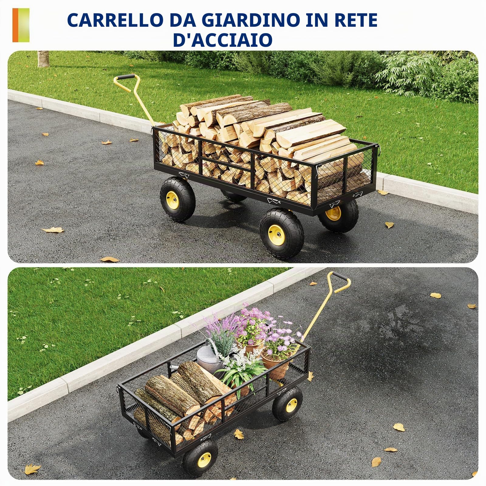 Garvee Carrello Giardino Multiuso Carichi Pesanti Da 900 Libbre – Sponde in Rete Rimovibili, Maniglia Regolabile, Pneumatici 10'', Ideale Per Prato, Campeggio, Fattoria