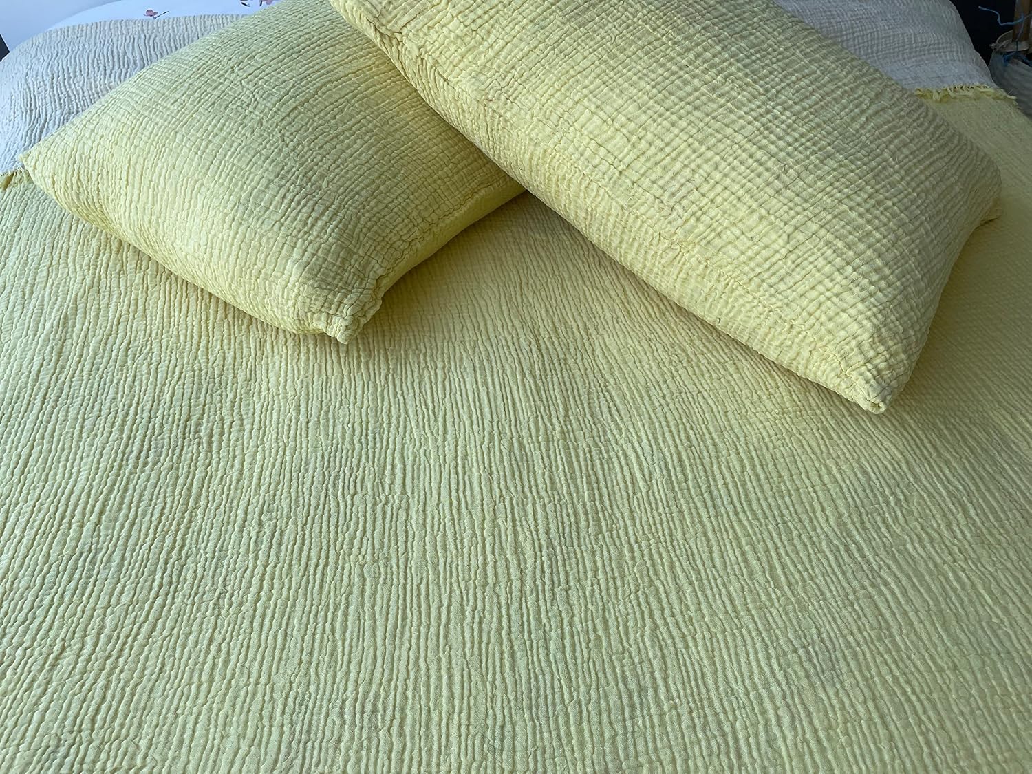 Muslin Blanket 100% Cotton, 4 Layers Bedspread, Soft Turkish Cotton Muslin Bed Cover, Reversible Coverlet, Yellow (Twin Size 63x90-160x230cm)