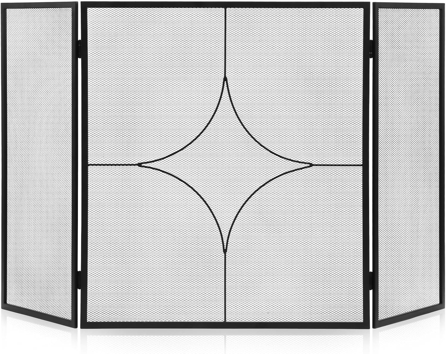 Mr IRONSTONE 3-Panel Fireplace Screen 51.5"W X 32.5"H - Foldable Wrought Iron Spark Guard, Black