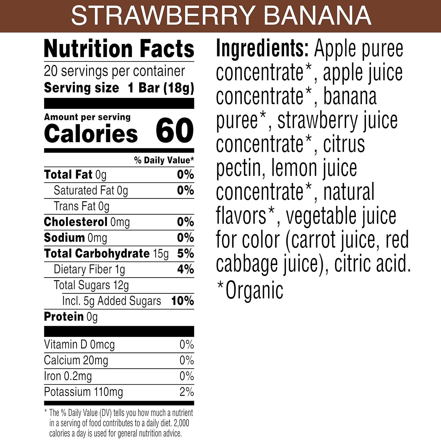 Pure Organic Strawberry Banana Layered Fruit bar - Organic, Gluten-Free, Non-Gmo Project Verified, Vegan Fruit Snack, 0.63oz (Pack Of 20)