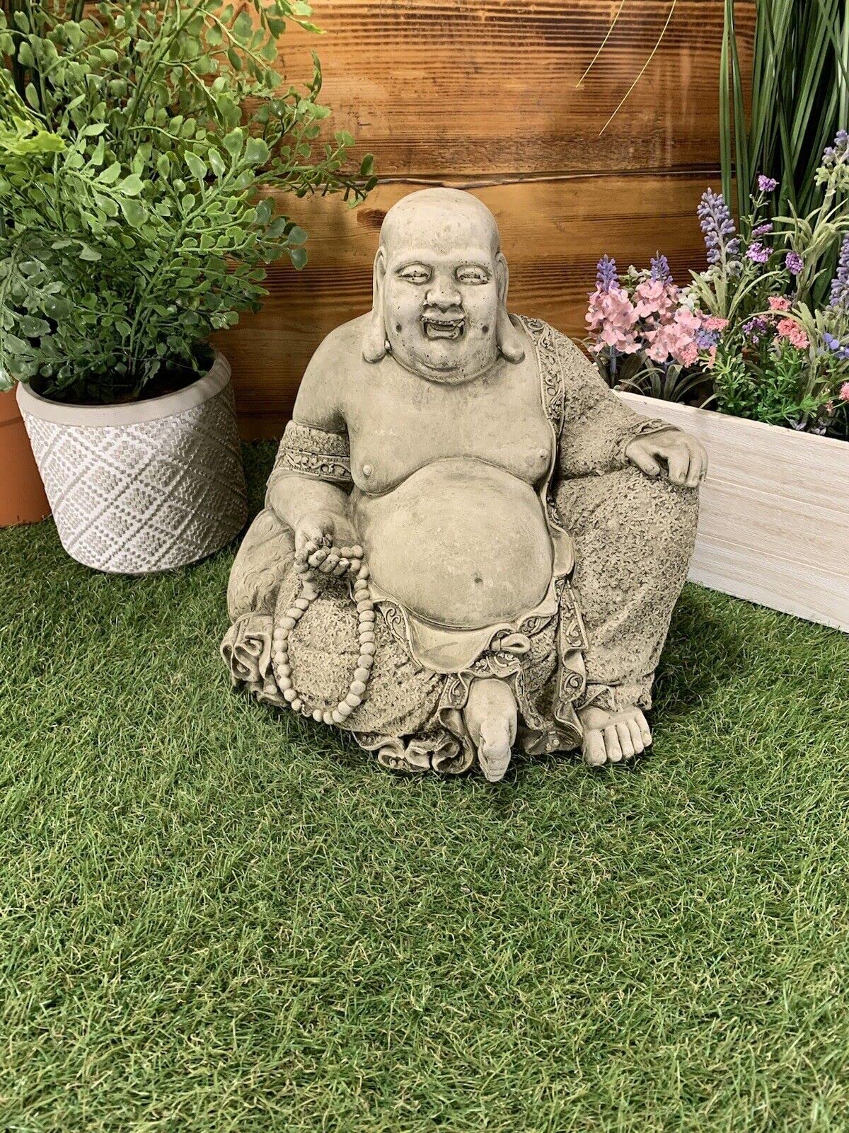 J And L Stone Ornaments White Stone Garden Laughing Buddha Sitting Down Statue Ornament