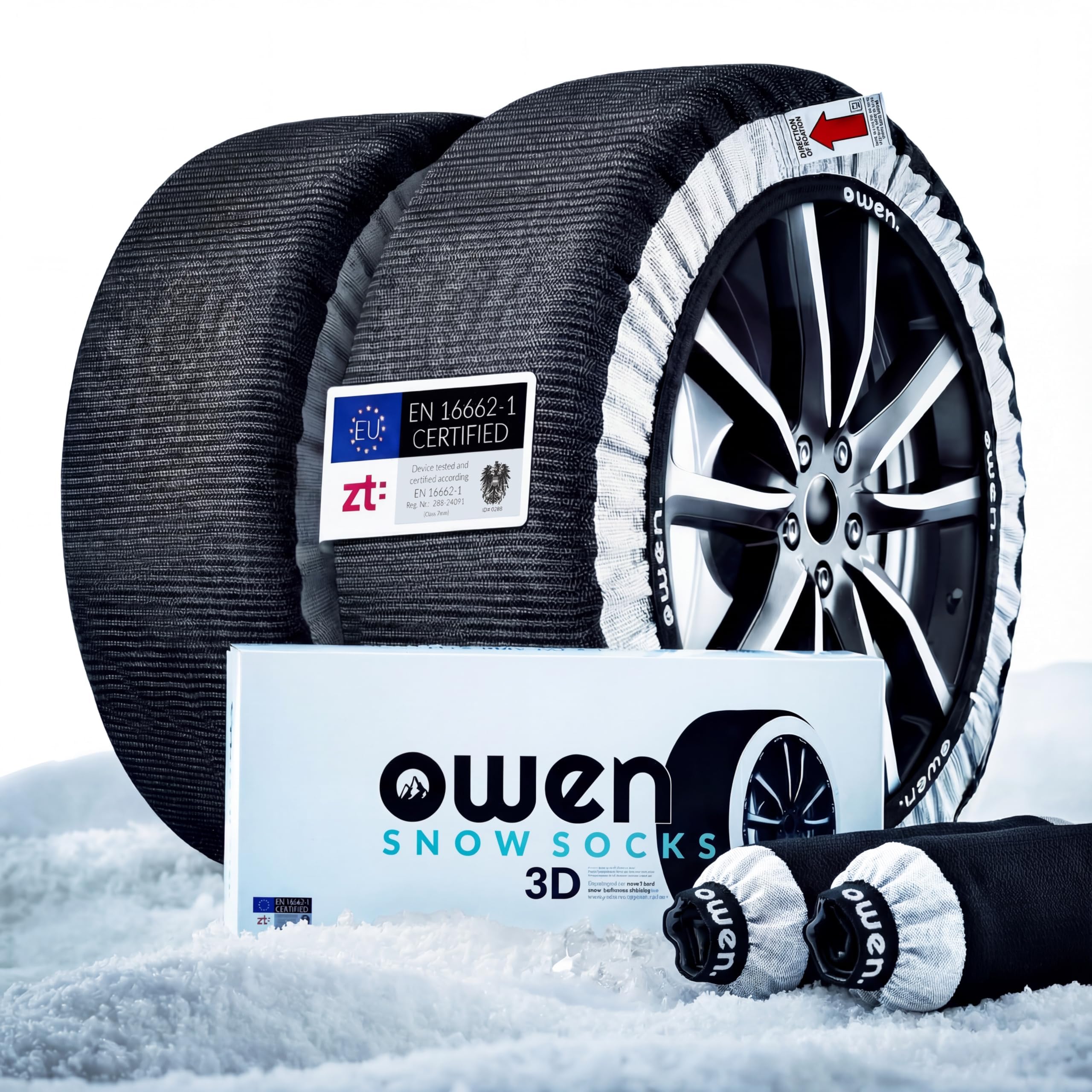 OWEN Schneeketten Textil (Paar) | Die Schnelle Anfahrhilfe bei Schnee & Eis | Geeignet für ABS/ESP | 3D-Grip Traktion & Felgenschutz | Montage in 2 Min | XS-XXL (XL)