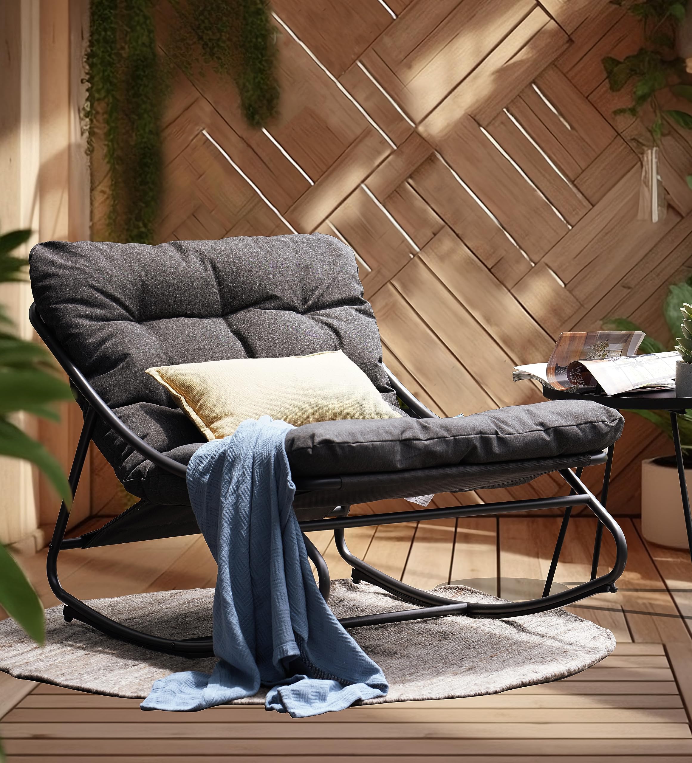 Rocking Chair Indoor and Outdoor, Metal Patio Lounge Rocking Chair with Thick Cushion, Comfy Modern Rocker for Living Room Porch Backyard