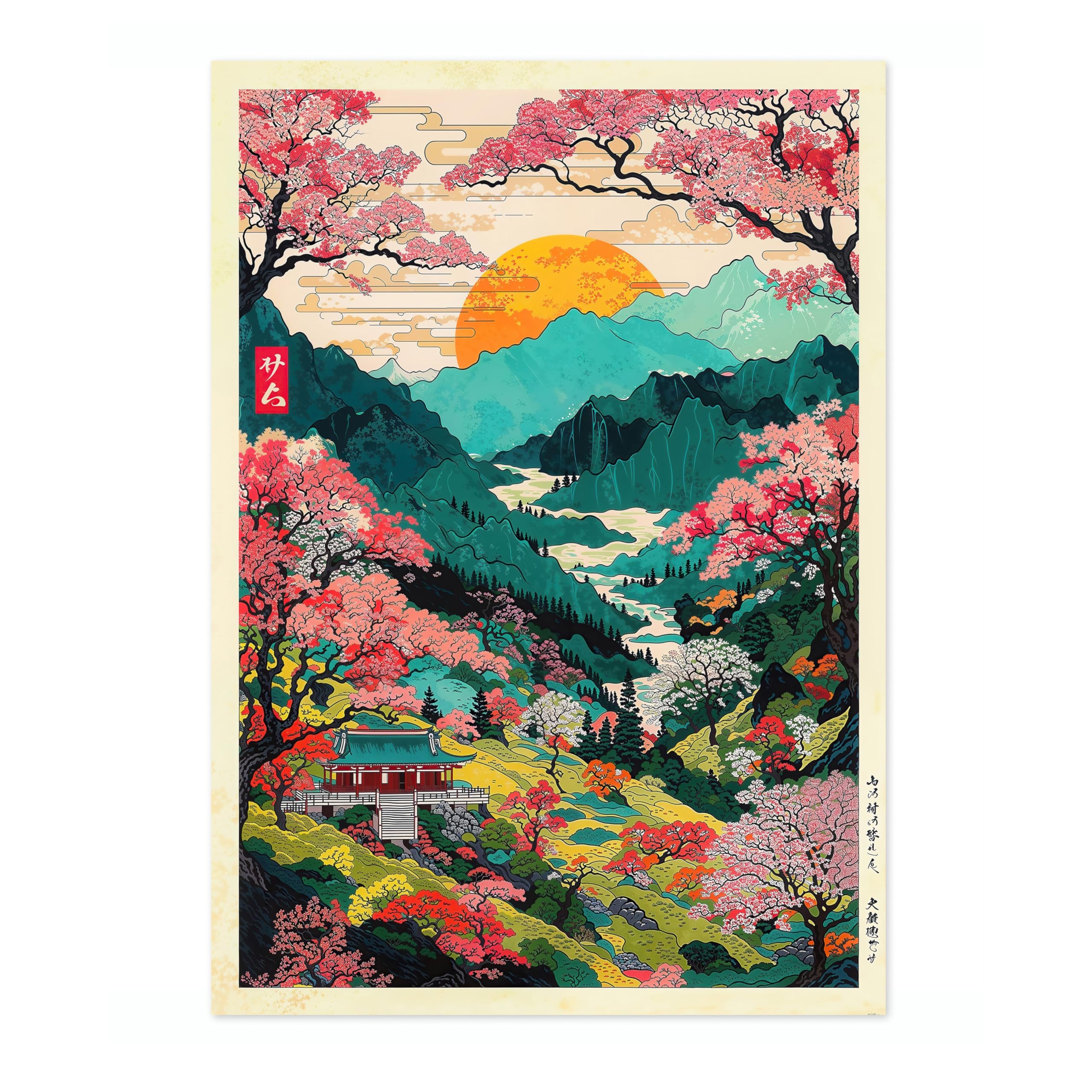 Mount Yoshino Valley Anime Woodblock Poster Modern Ukiyo-E, Japanese Cartoon Illustration Print, Archival Matte
