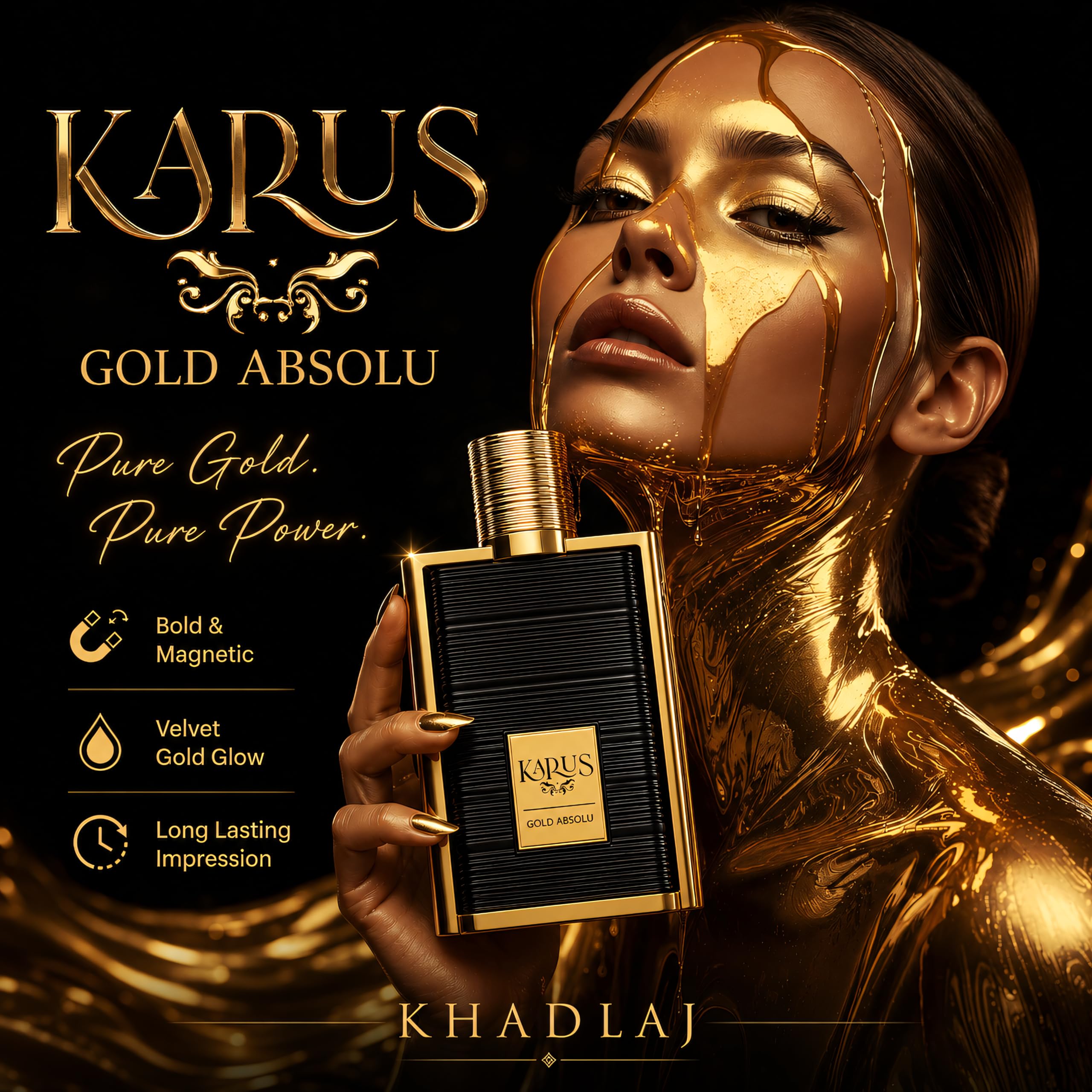 Khadlaj Karus Gold Absolu 100 ml Eau de Parfum Spray Unisex | Bergamotte & Schwarze Johannisbeere, Herz von Veilchen und Jasmin, Zedern- und Tonka-Grundierung, blumig, fruchtig, holzig