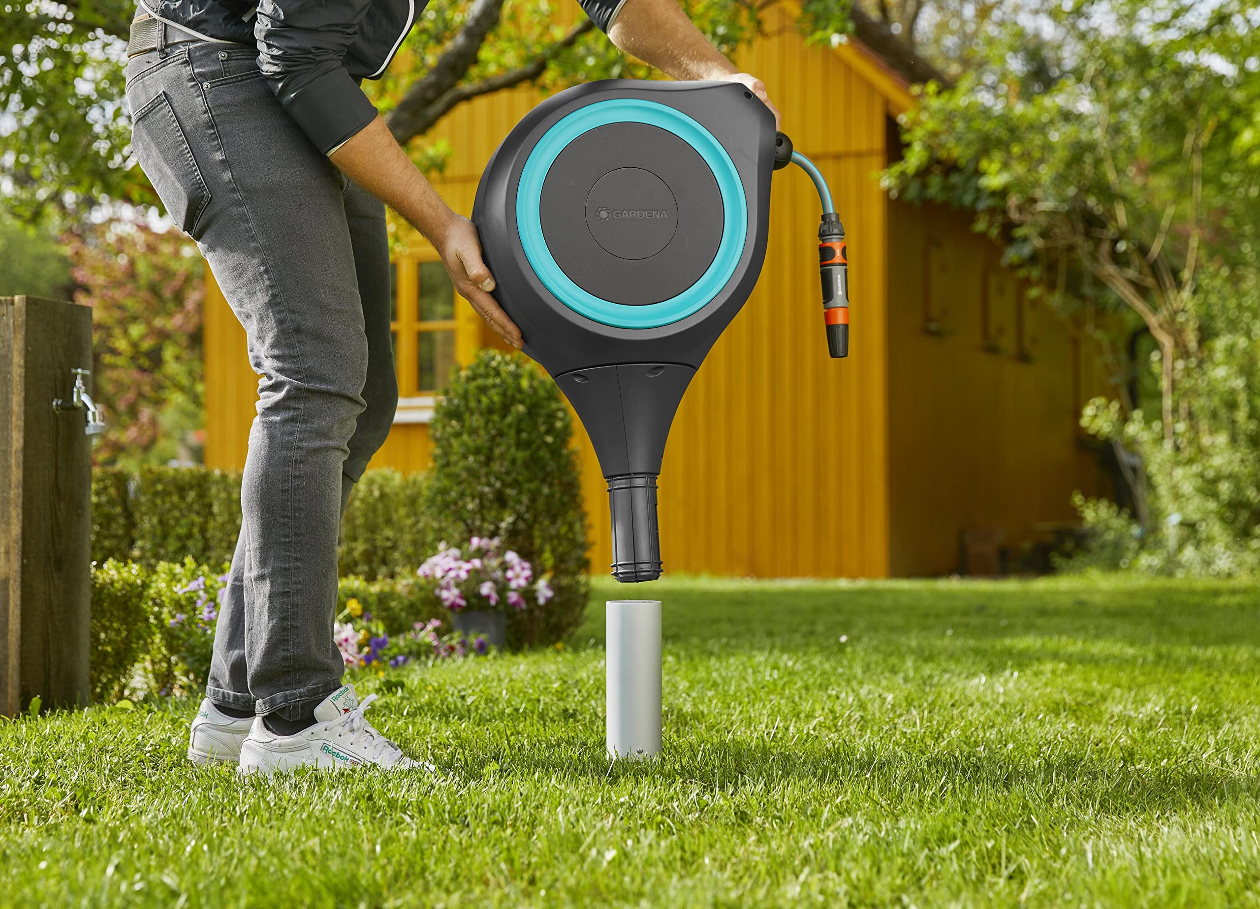 GARDENA 18614-20 66 Foot Auto Retractable Hose Reel on Metal Spike, Feet, Standard