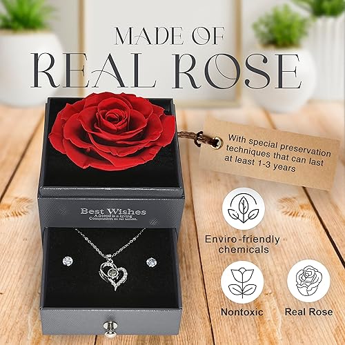 Miniatura 5 de GLAMOUR BOUTIQUE Preserved Rose in a Box with I Love You Necklace in 100 Languages - Enchanted Flower Jewelry Set with Silver Stud Earrings Gifts
