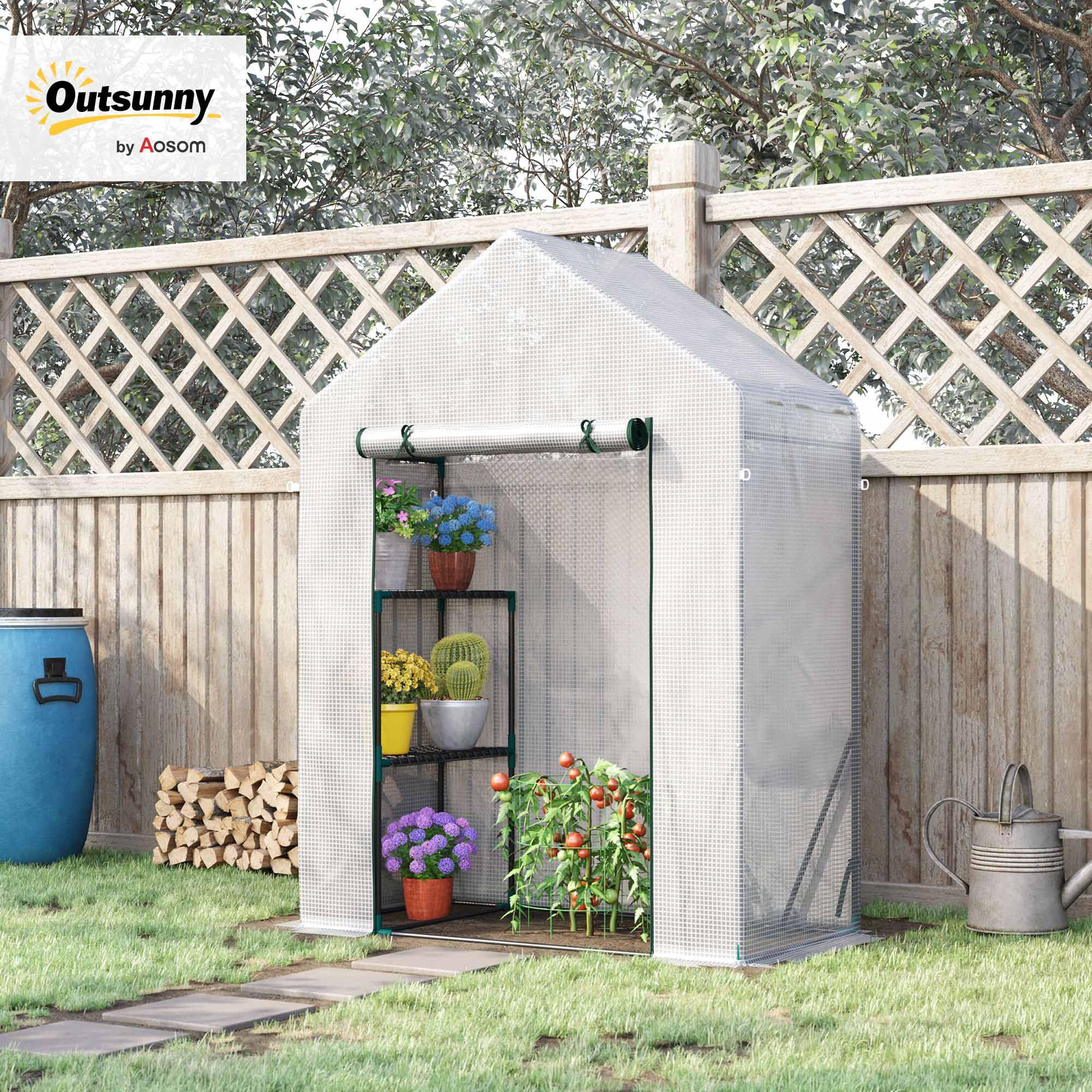 Outsunny Serra da Giardino in Acciaio e Copertura PE, Serra per Piante con 2 Scaffali e Porta Avvolgibile, 143x73x195cm, Bianco