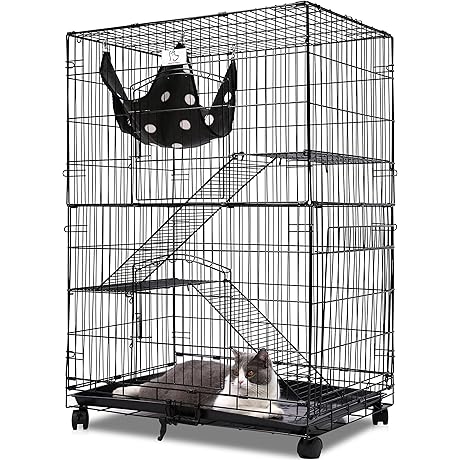 Homey Folding Wire Cat Habitat Crate with Casters and Hammock