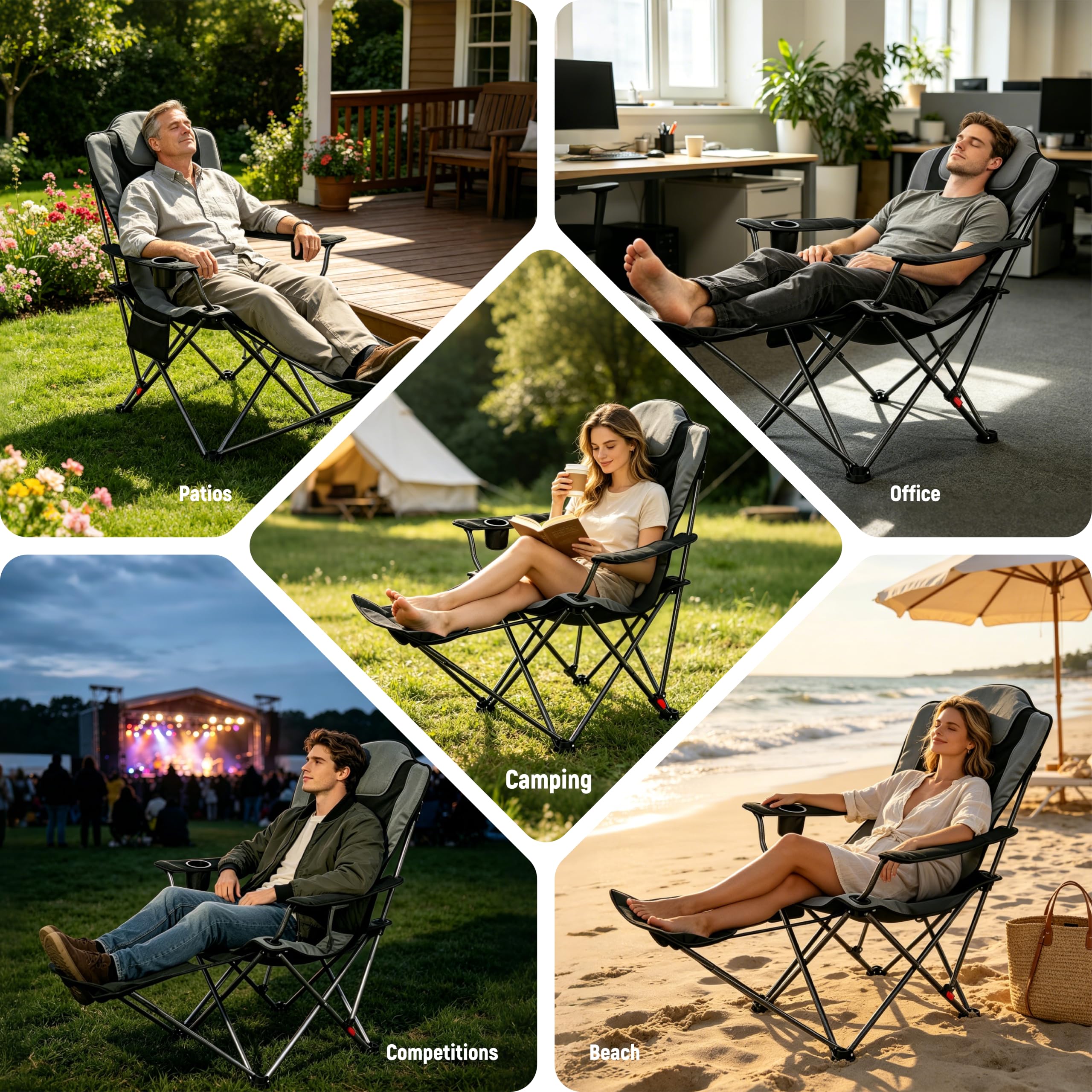 OUTSIDER Silla de camping resistente con reposapiés, 200 kg, silla plegable de 3 posiciones, soporte para bebidas, bolsillo superior con cremallera y bolsillo lateral, portátil para camping, pesca