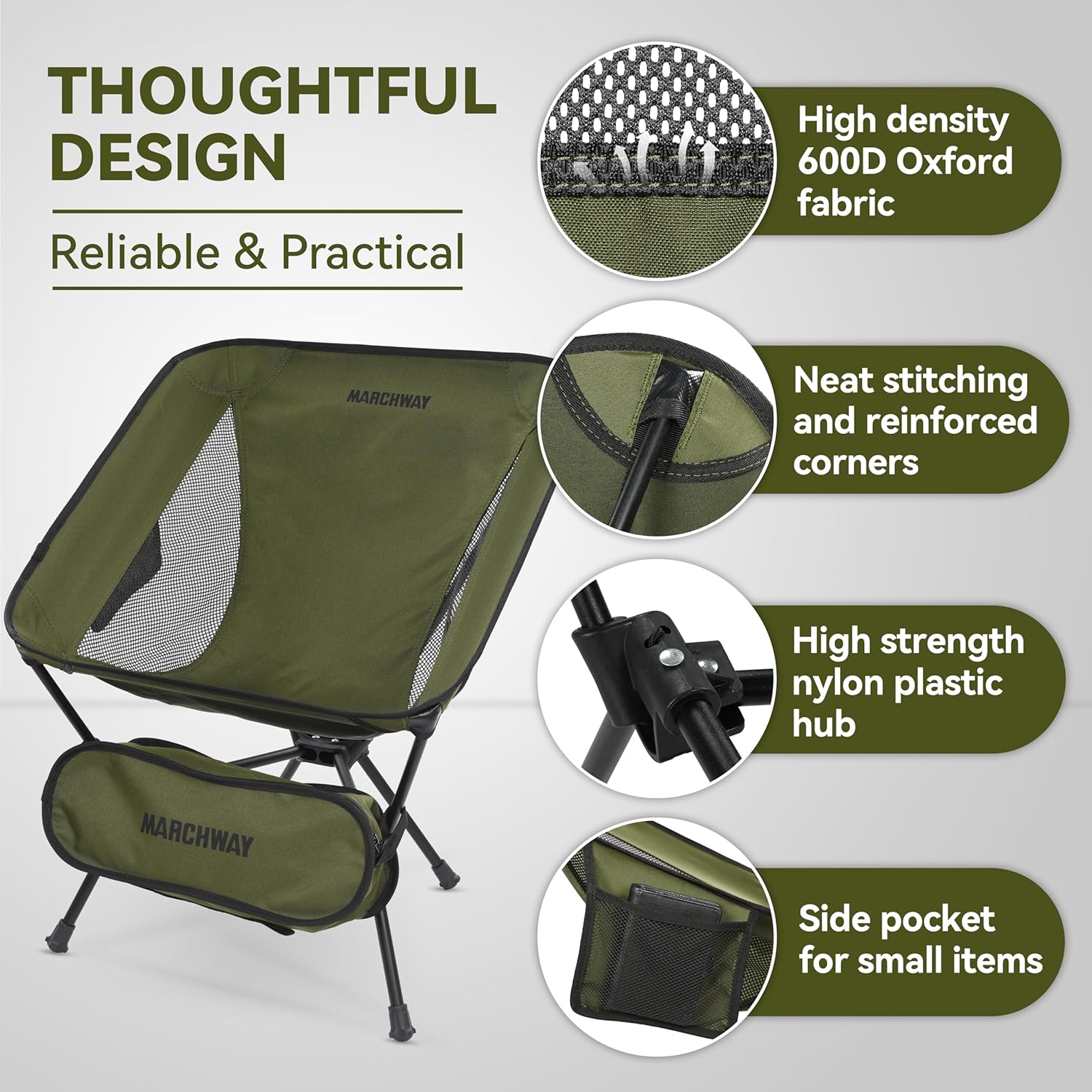 MARCHWAY Lightweight Folding Camping Chair, Portable Foldable Compact for Outdoor Camp, Travel, Beach, Picnic, Festival, Hiking, Backpacking, Supports 330Lbs (Green)