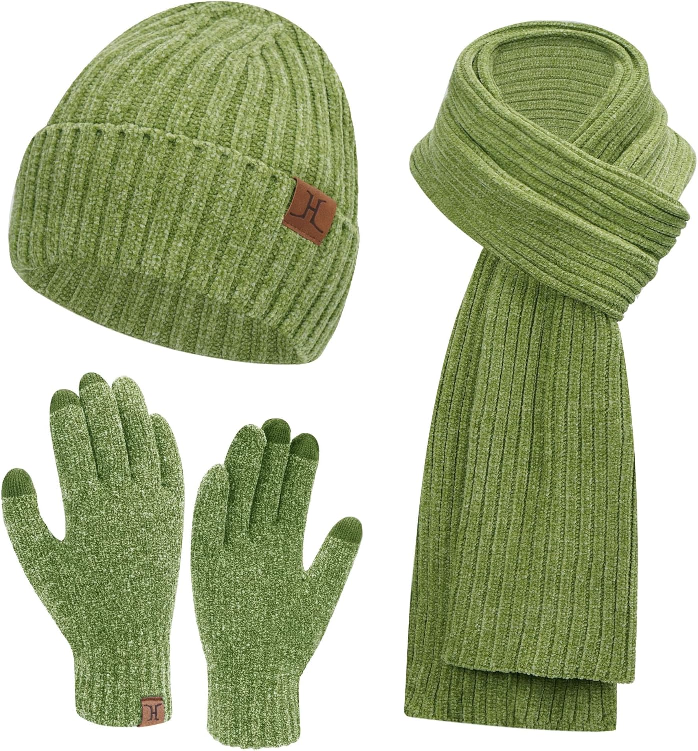 Womens Winter Knit Warm Hat Beanie Long Scarf Touch Screen Gloves Set Skull Caps Neck Scarves for Women