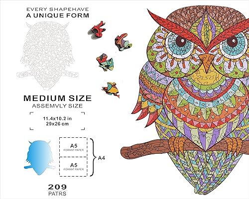 Miniatura 4 de Rompecabezas de madera colorido búho HM-04 rompecabezas de pájaros pequeños, 206 piezas de rompecabezas de formas únicas, hermoso animal para