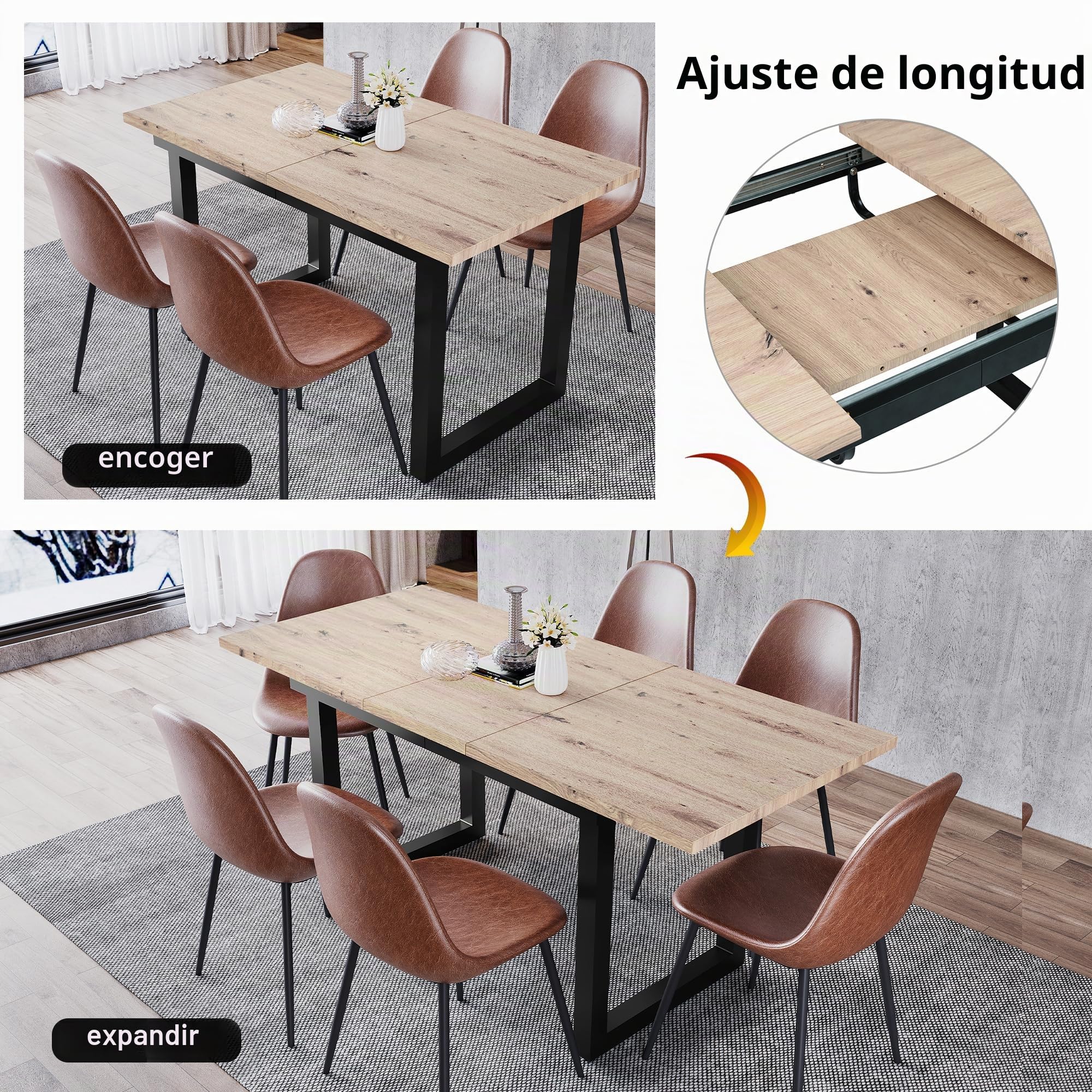 Mesa de comedor extensible 140/180 x 80 x 75 cm, estilo industrial, MDF con aspecto de roble, marco negro, ahorra espacio, estable, ideal para comedores modernos, capacidad