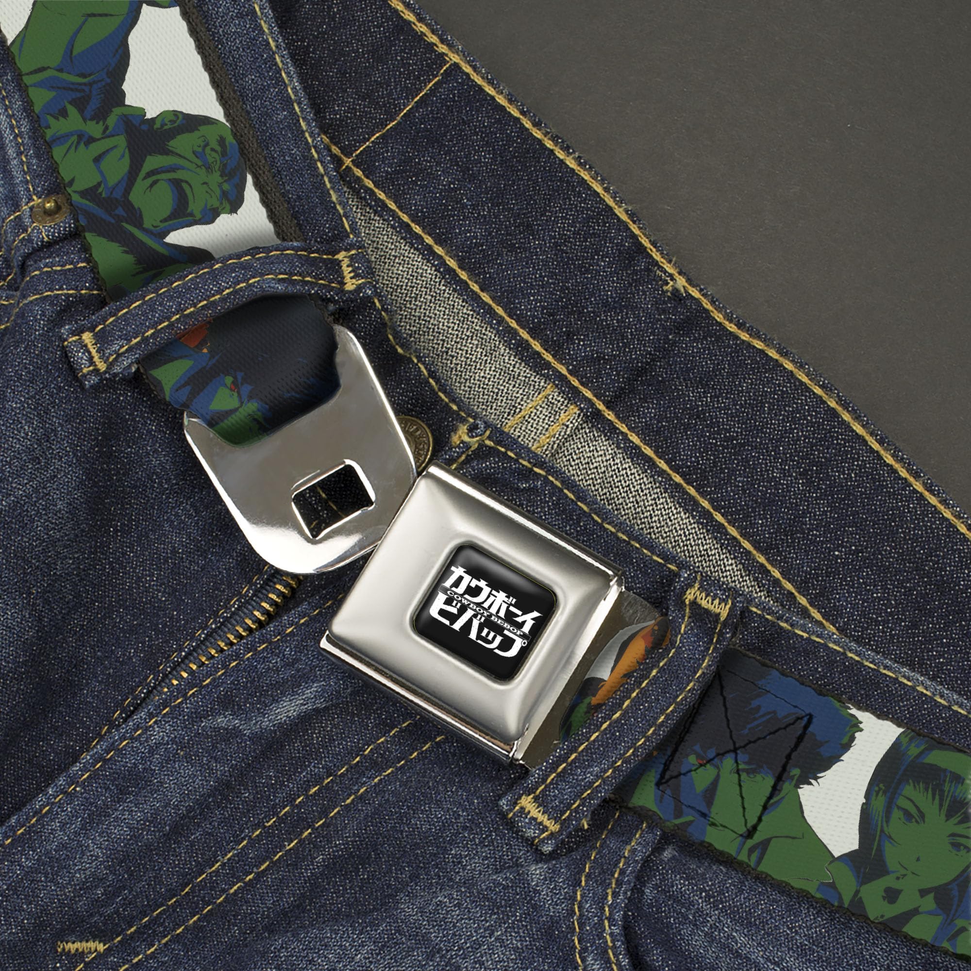 Crunchyroll Belt, Seatbelt Buckle Belt, Cowboy Bebop Crew Group Pose and Logo White Black Greens, Youth 20 to 36 Inches