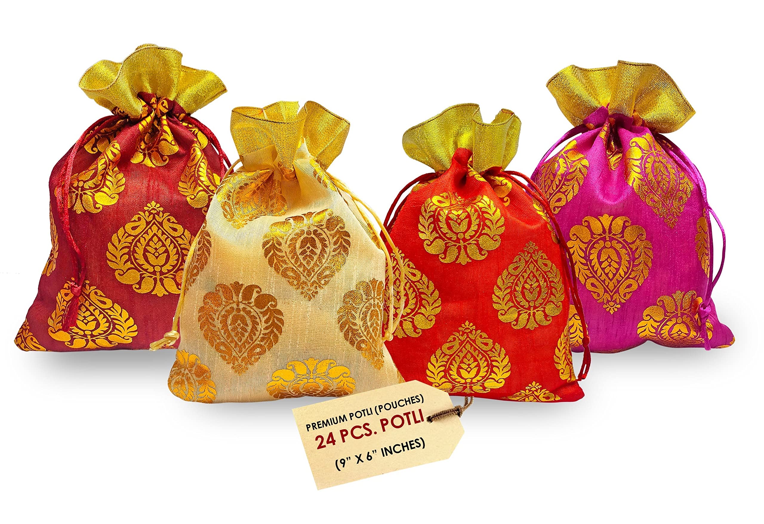 SATVIK Ambi Potli Big Size Designer Potli, Dry Fruit Diwali Gift Packaging Bag Handmade Premium Fabric With Random Design Indian Housewarming Return Gift Items Bulk (Set Of 24),Multi-image-20
