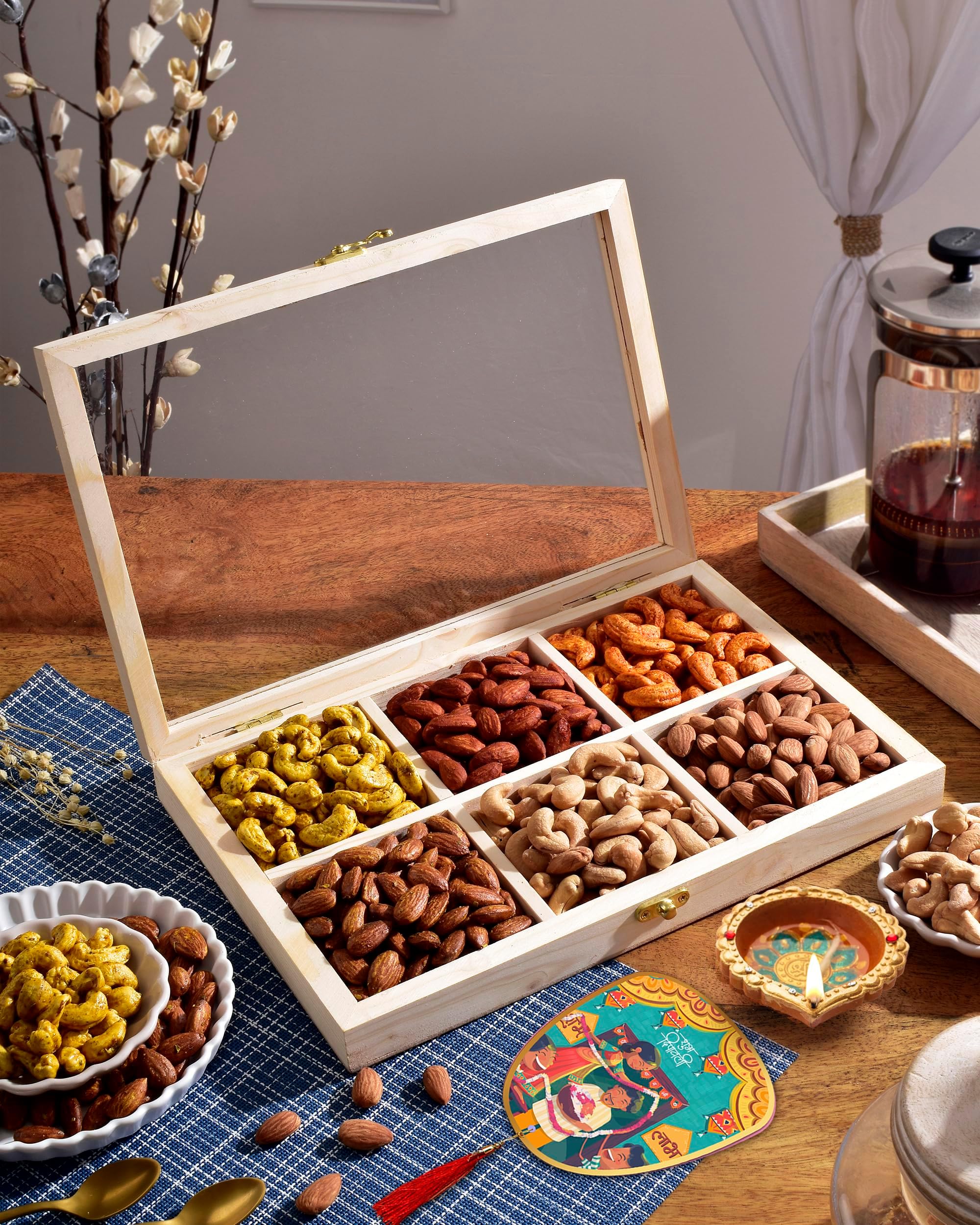 HyperFoods | Roasted 6 Dry Fruit Combo Wooden Gift Box | Premium Combo Gift Pack | Almonds, Cashew, Pistachios, Peanut, Roasted Seed, Brazil Nut, Roasted Corn, Walnut, Hazel Nut, Raisins