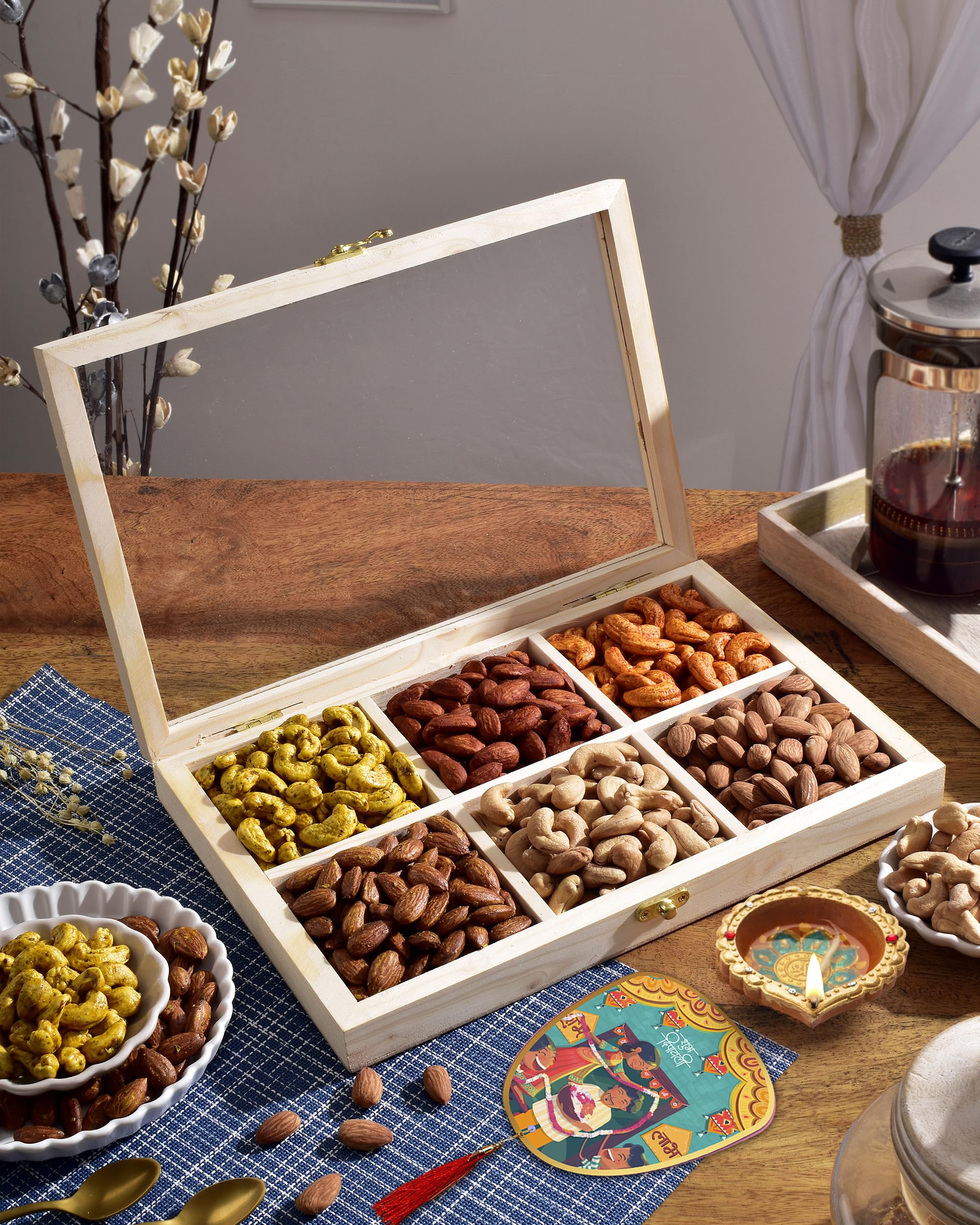 HyperFoods | Roasted 6 Dry Fruit Combo Wooden Gift Box | Premium Combo Gift Pack | Almonds, Cashew, Pistachios, Peanut, Roasted Seed, Brazil Nut, Roasted Corn, Walnut, Hazel Nut, Raisins
