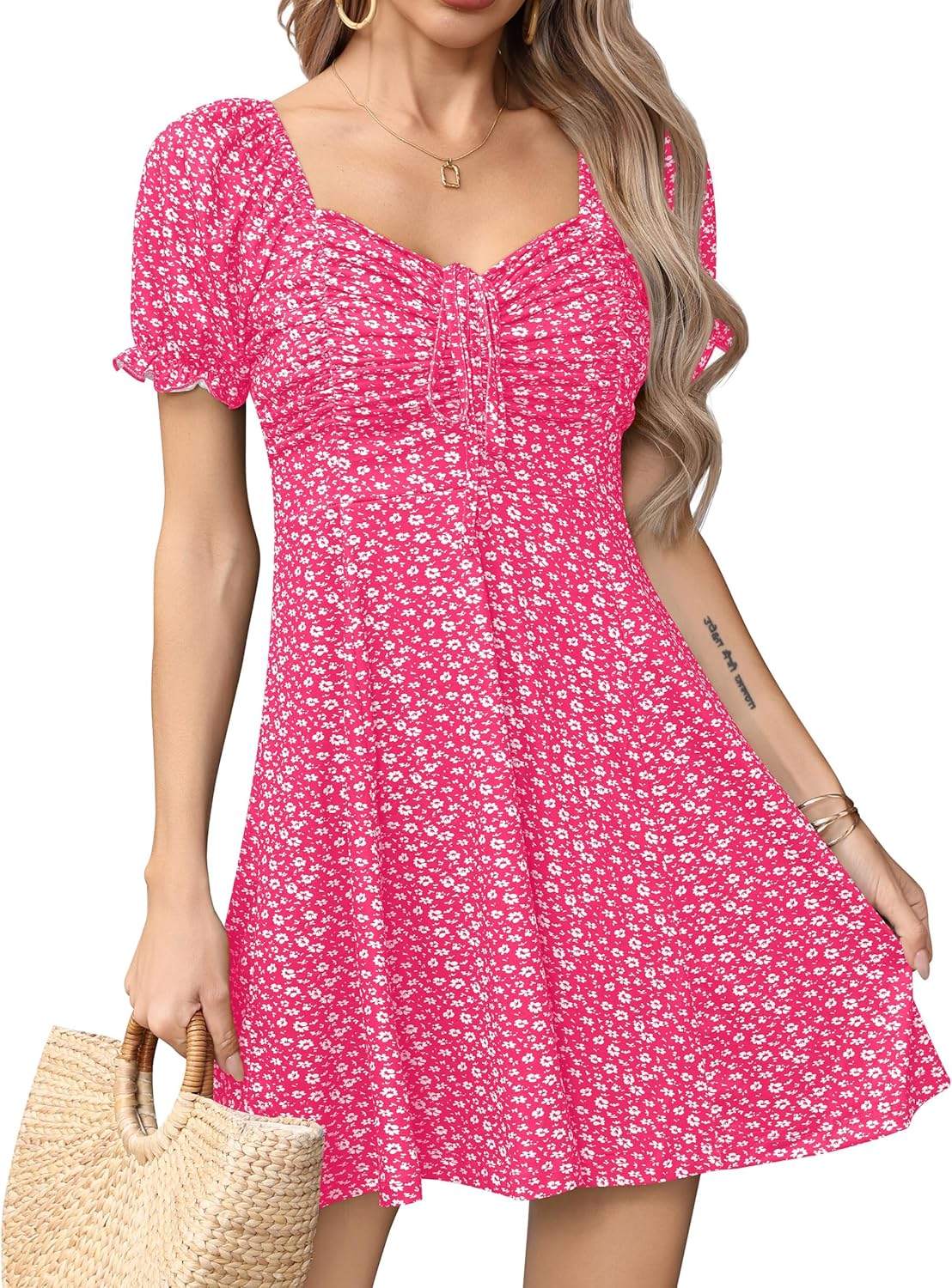 Missufe Women's Puff Short Sleeve Fit and Flare Casual Drawstring Floral Mini Sun Dresses 2025 Summer Vacation