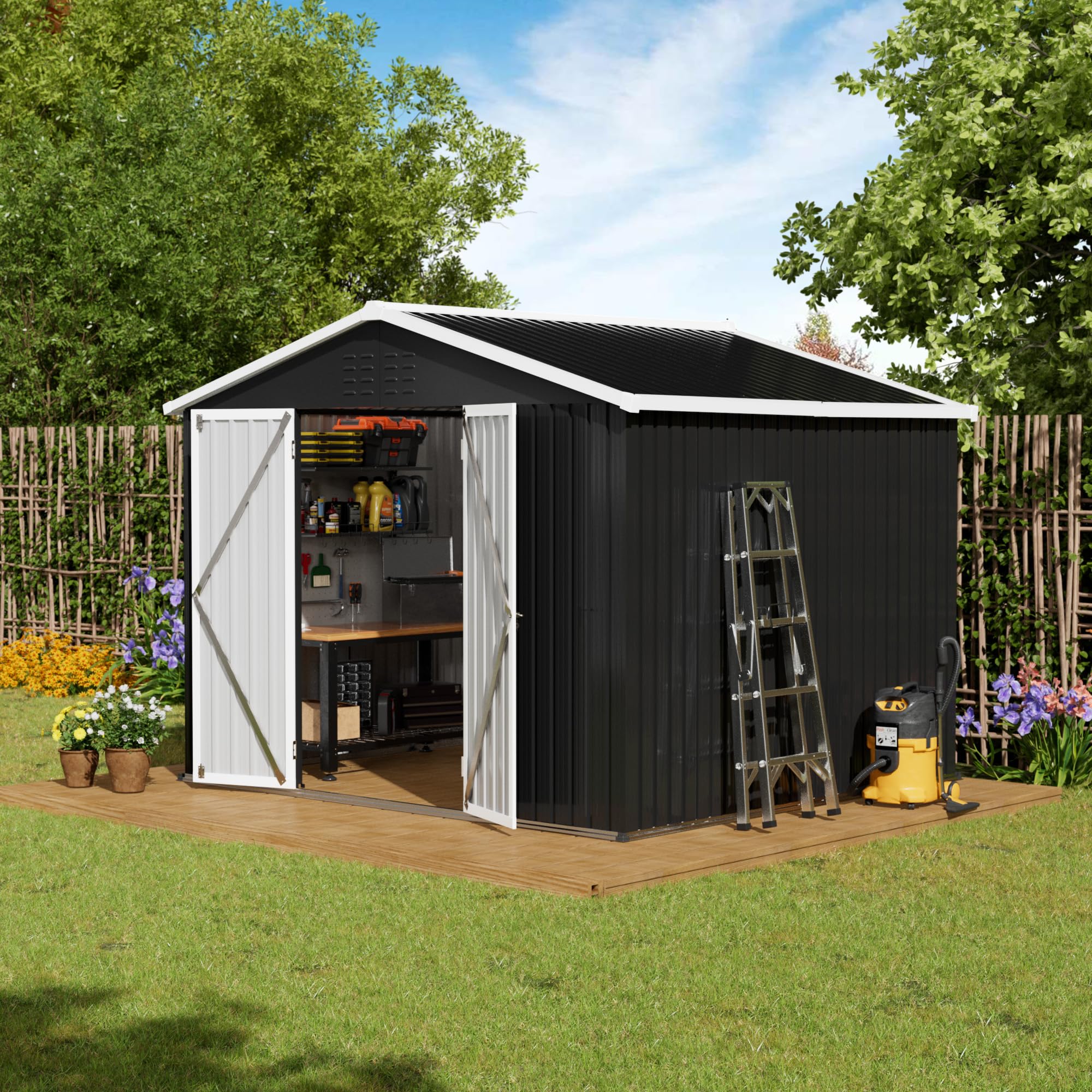 Amopatio Domek na narzędzia, domek ogrodowy z dachem jednospadowym, szopa na narzędzia 250 x 248 x 194 cm, metalowy domek ogrodowy z drzwiami, ocynkowana osłona ogrodowa, metalowa szopa, czarna
