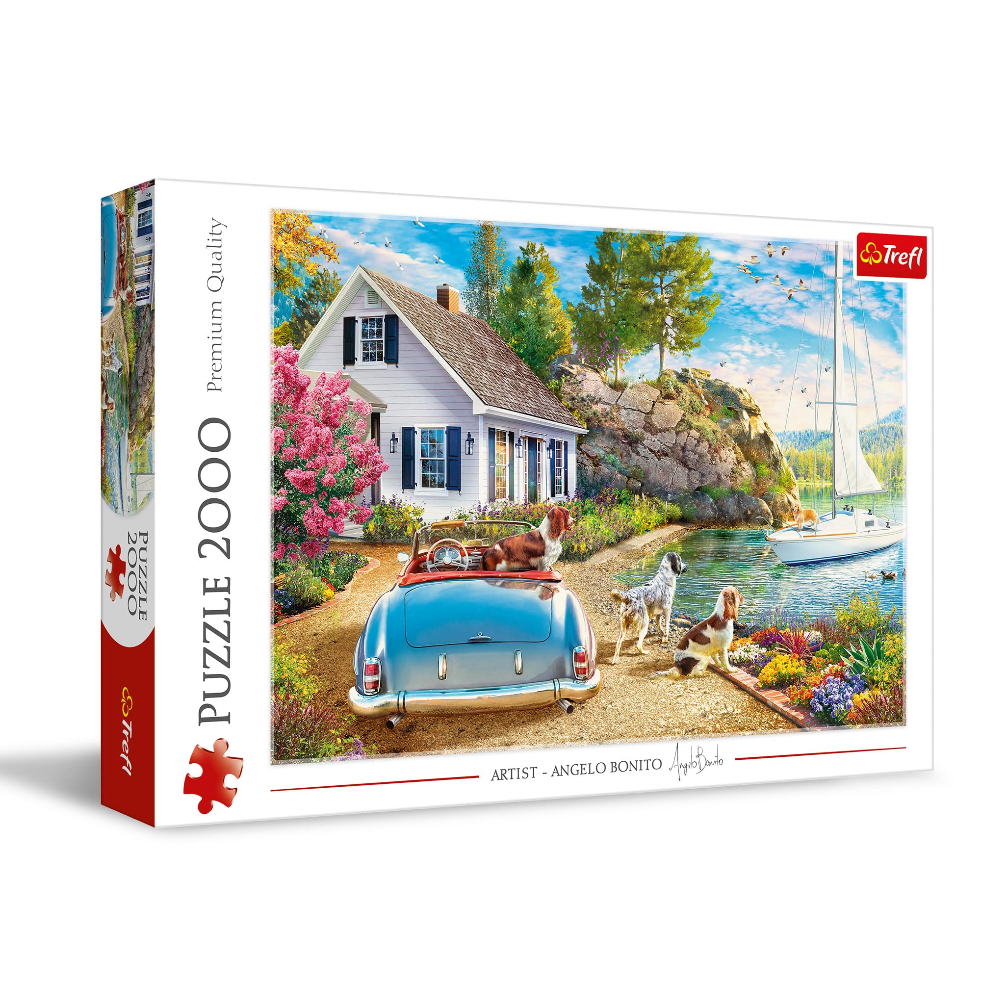 Trefl - Wakacyjna Przystań - Puzzle 2000 Elementów - Psy, Lato, Żaglówka, Nowoczesna Układanka DIY, Kreatywna Rozrywka, Zabawa, Puzzle Klasyczne ze Zwierzętami, dla Dorosłych i Dzieci od 12 Lat | CZERWONY, DIY, kreatywna rozrywka, klasyczna układanka, 14+