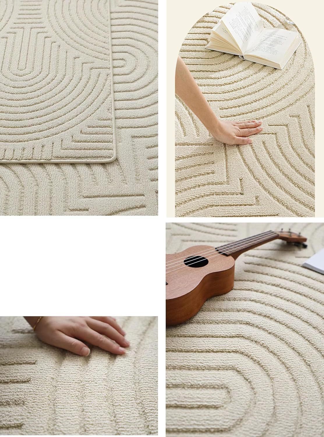 Beige Geometric Shag Area Rug 5x7 ft - Thick Wool for Living Room & Kids