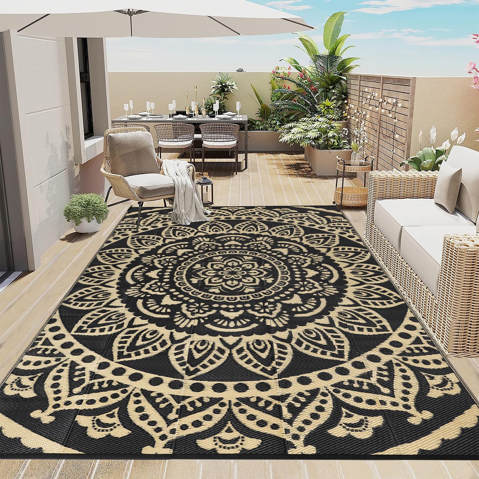 Bsmathom Waterproof Outdoor Rug 6'x9' Reversible Boho Plastic Straw Patio Deck Camping Rugs, Indoor Outdoor Portable RV Mat Clearance Carpet for Outside, Porch, Balcony, Backyard, Beach, Pool,Black