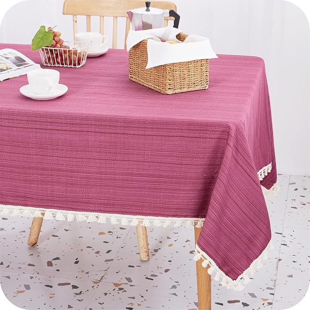 Amazon Brand - Umi Wipe Clean Faux Linen Water Resistant Table Cloth With Tassel Table Cover for Dining 140x180 (55x71 in) Rose Red