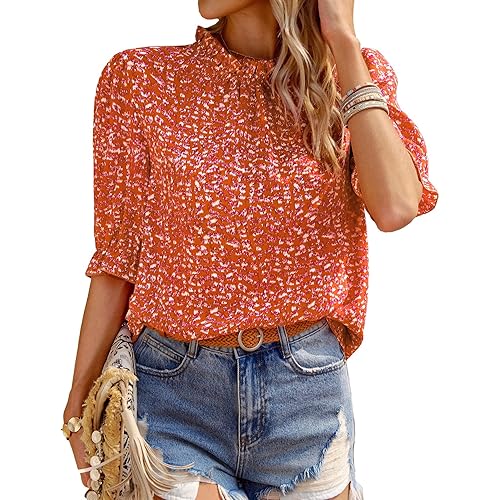BTFBM Women's Summer Boho Shirt Top Ruffle Short Sleeve Frill Trim Mock Neck Floral Solid 2024 Casual Blouses Shirts Tops
