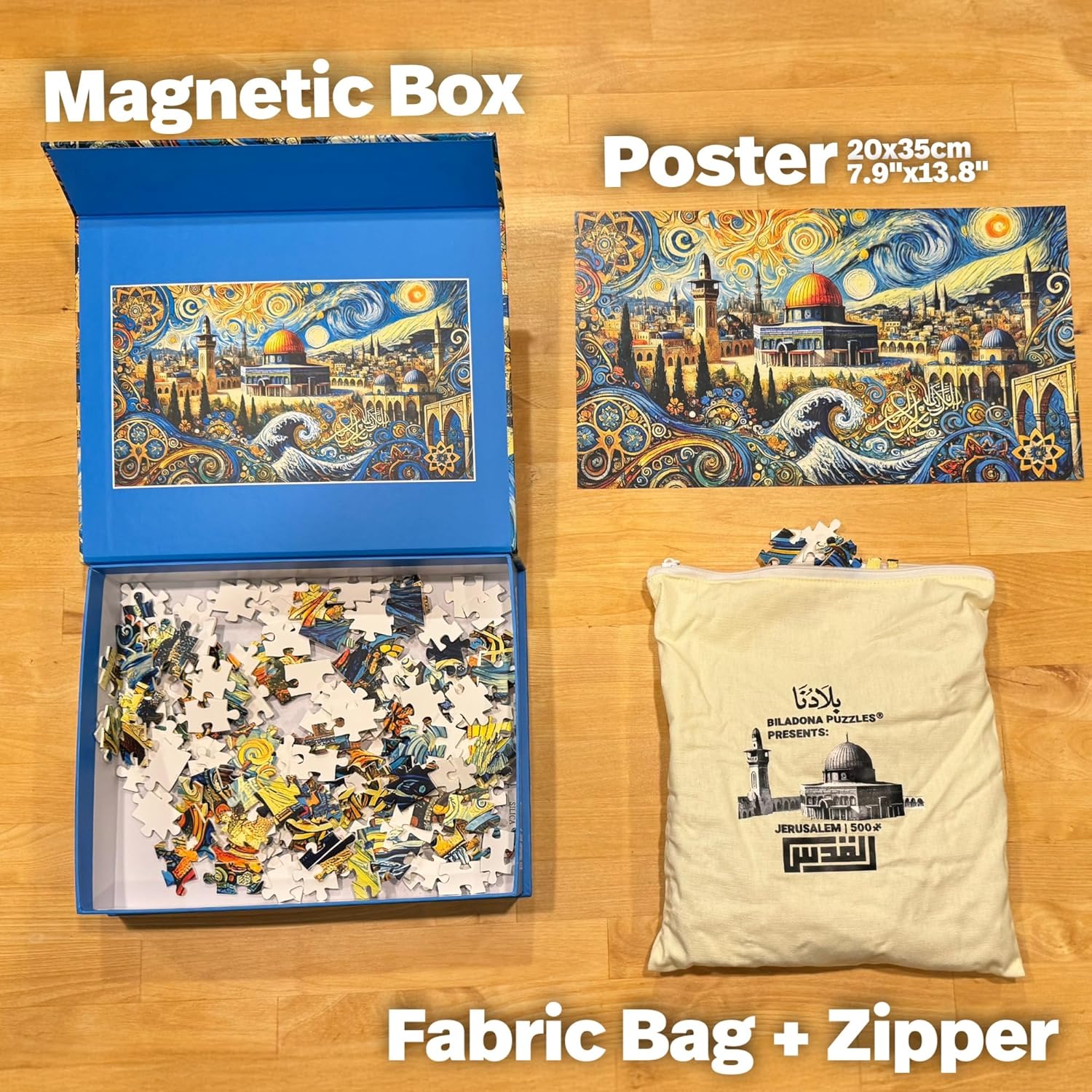 Biladona Jerusalem Puzzle 500 Pieces - Dome of The Rock Impressionist Style Jigsaw Puzzle - Holy Land Art Gift for Adults and Teens Magnetic Box and Fabric Bag
