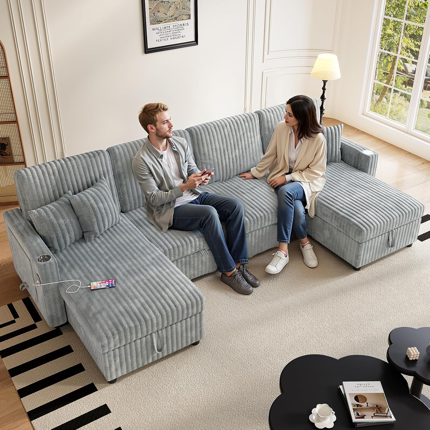 Sleeper Sectional Sofa, 110" Modern U Shaped Couch with Pull Out Bed, Convertible Corduroy Cloud Sofa with Double Storage Chaise, USB, Small Desktop, Comfy Modular Couch for Living Room, Light Gray