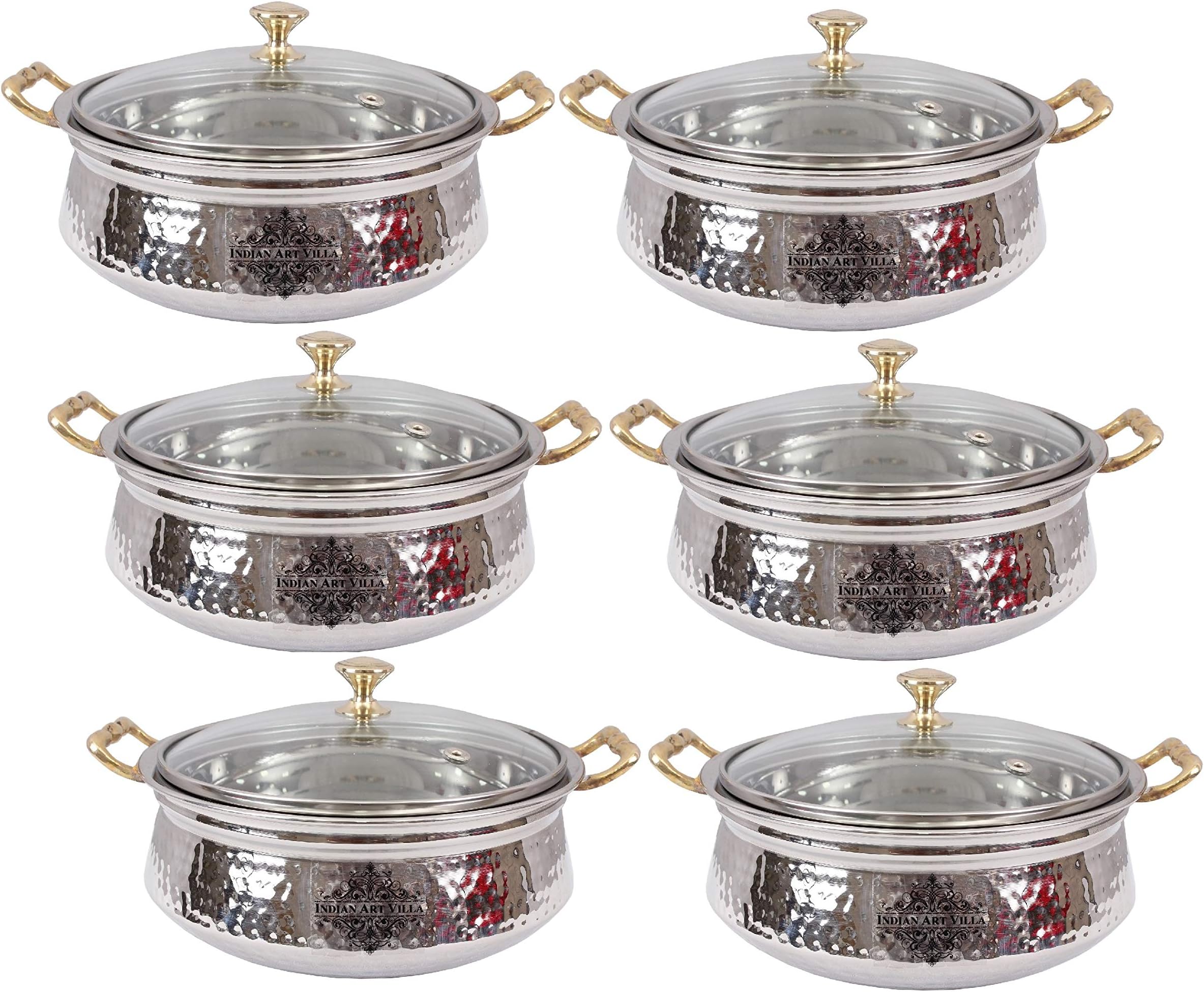 Indian Art Villa Stainless Steel Hammered Design Handi/Bowl/Casserole with Toughened Glass Lid & Brass Knob & Handles, Volume-700 ml, Pack of 6