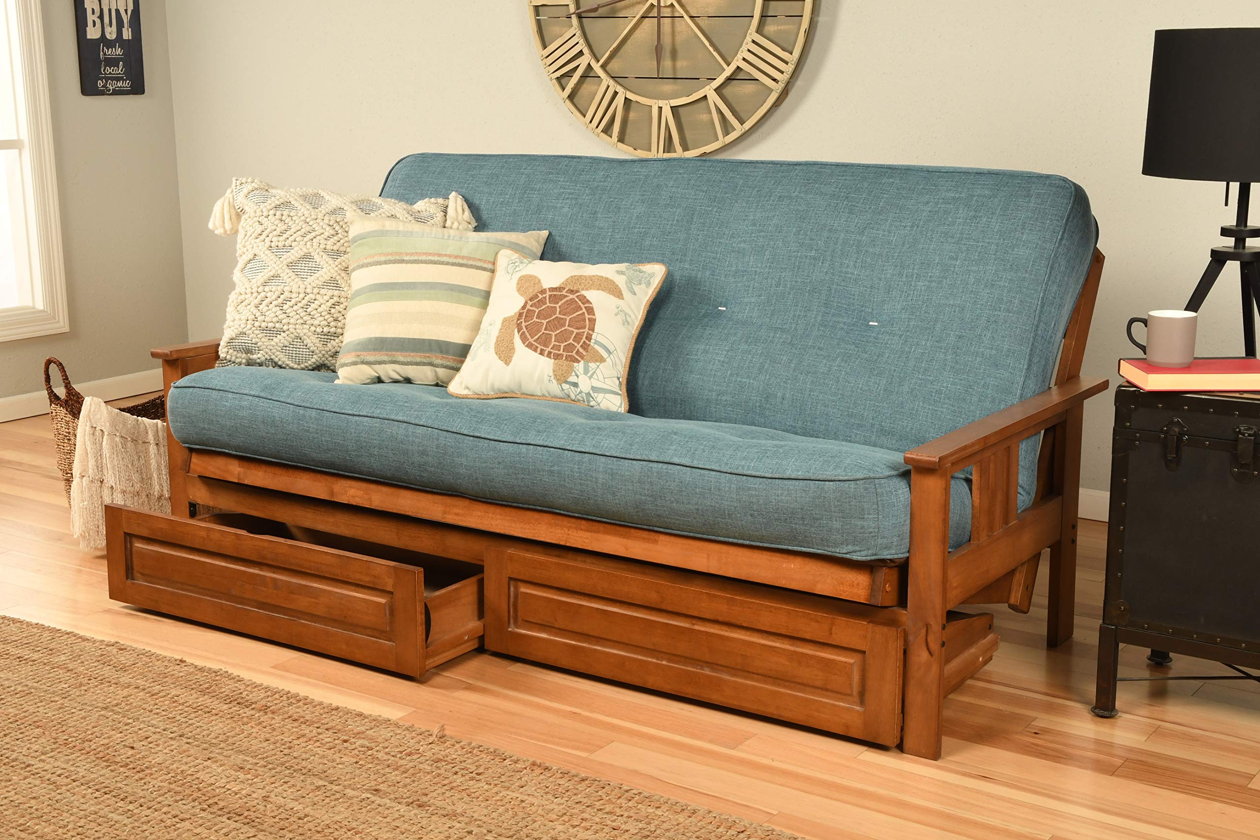 Kodiak Furniture Monterey Futon Set with Storage Drawers, with Barbados Base and Linen Aqua Mattress
