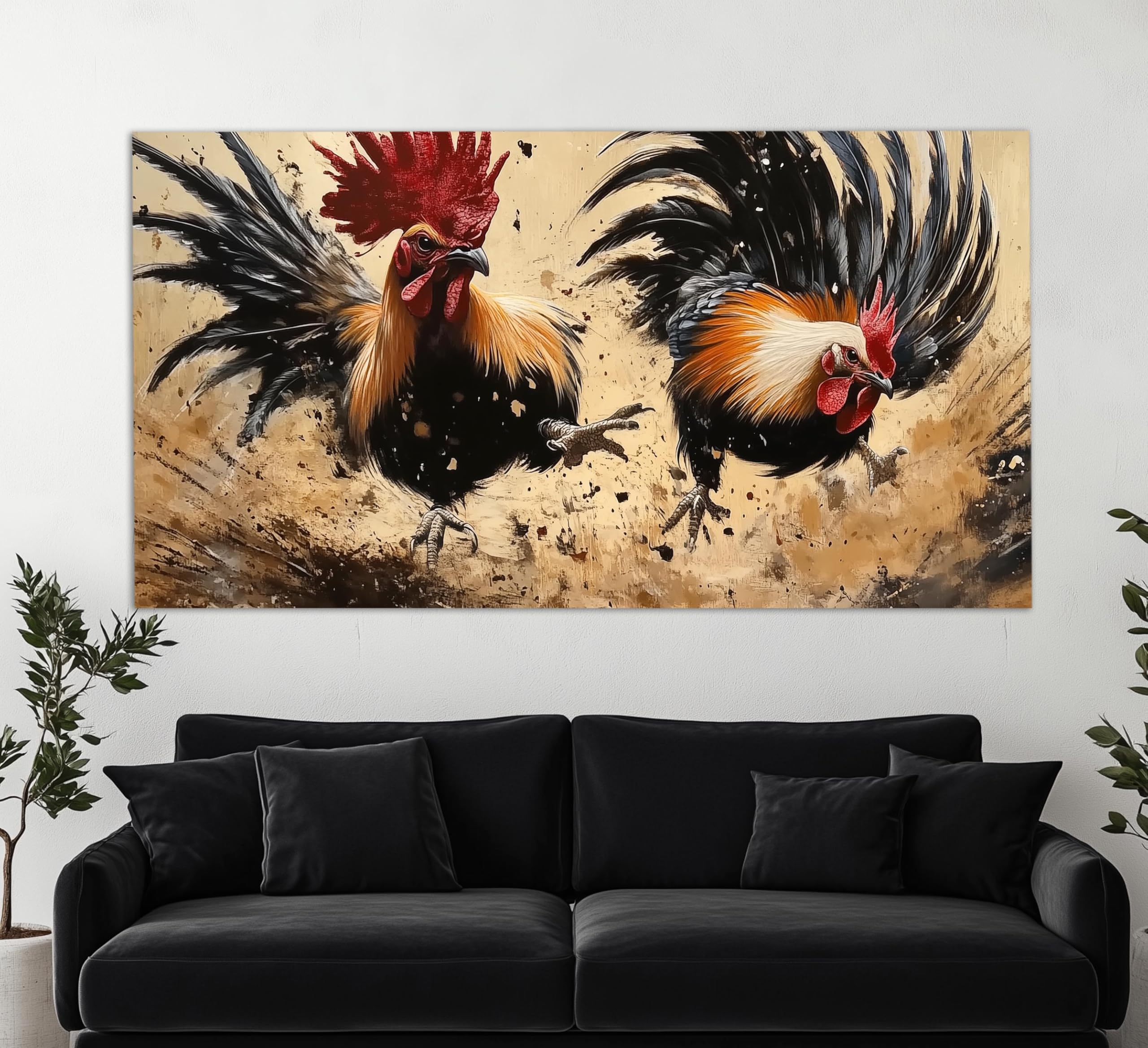 lianyibo Cockfighting druk na płótnie, walka kogutów, sztuka ścienna, plakat walki kogutów, obraz kogutów, dekoracja ścienna do salonu (50 x 75 cm x 3/rama wewnętrzna)