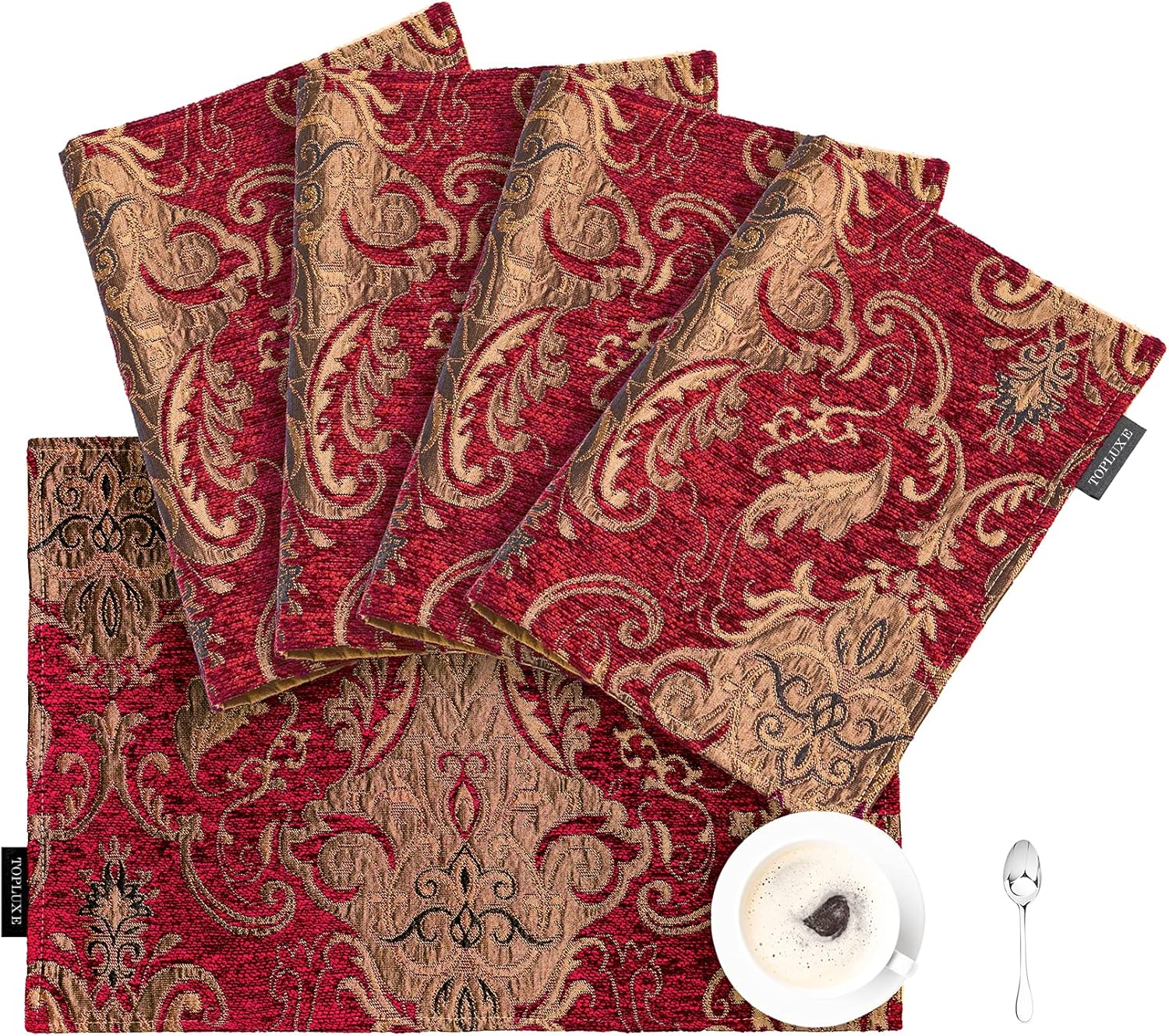 TOPLUXE Placemats 30x45cm, Luxury Table Mats for Dining Room/Restaurant/Banquet/Festival Decoration (Set of 4, Burgundy)