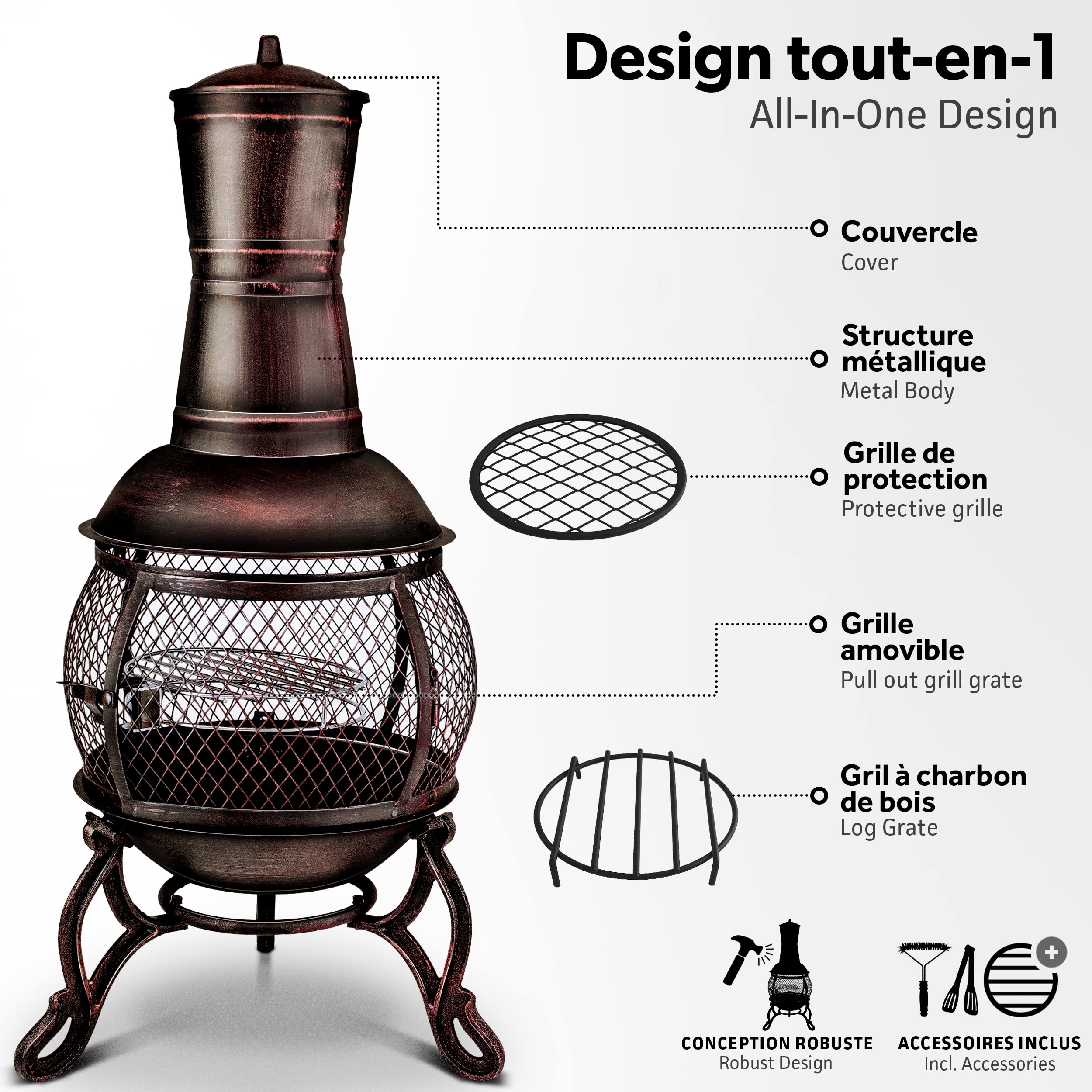 tillvex Cheminée de terrasse extérieure avec Grill | Brasero Mexicain avec Pare-étincelles | Chauffage de Jardin avec Housse | Poêle à Bois | Tisonnier + Grille, BBQ + Accessoires XXL