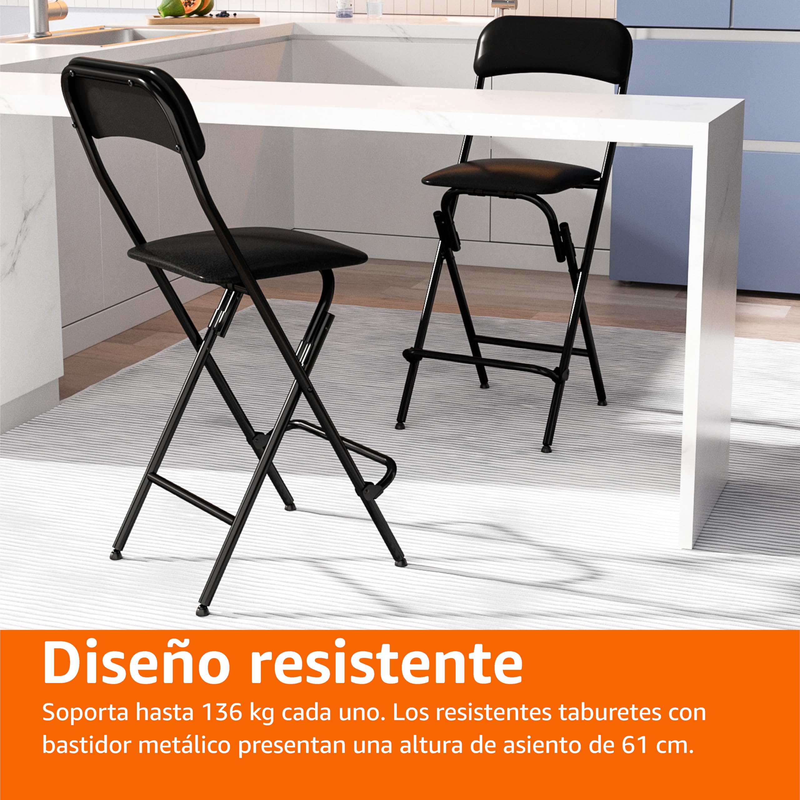Amazon Basics Taburete Plegable con Respaldo, Capacidad de 136,1 kg, Altura de 61 cm, Negro, Paquete de 2