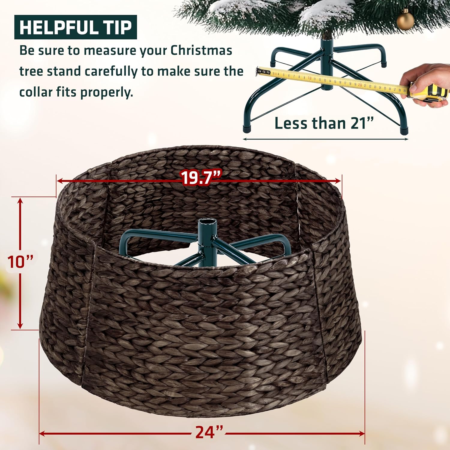 MIXUMON Handmade Water Hyacinth Christmas Tree Collar 24" – Rustic Basketweave Tree Base Cover, Eco-Friendly Skirt Alternative with Cord Cut-Out (Black)