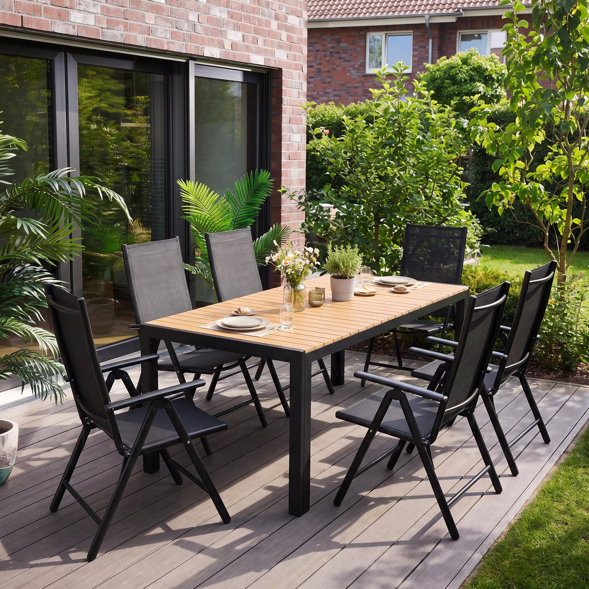 LIFERUN Gartenmöbel Set 6 Stühle mit Tisch Wetterfest, Aluminiumrahmen | WPC Gartentisch 140x90x75 cm, Verstellbare Hochlehner Klappstühle, Stabiler, Pflegeleicht, Outdoor Essgruppe Sitzgruppe