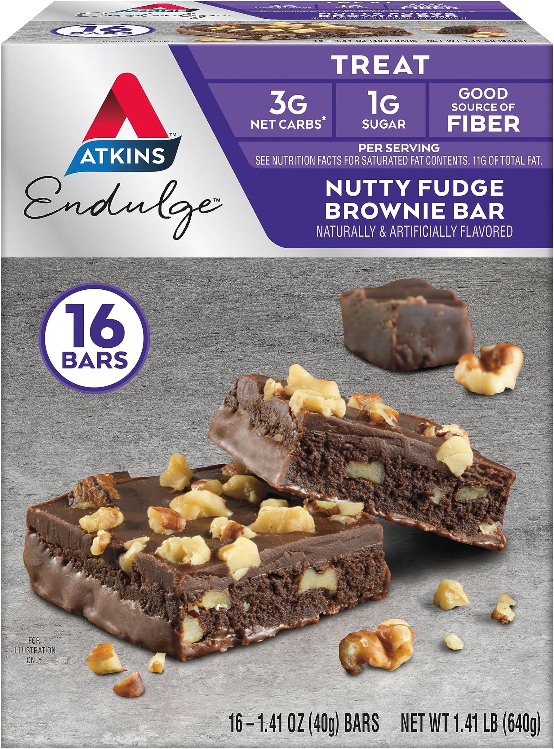Atkins Endulge Nutty Fudge Brownie, Dessert Favorite, Good Source of Fiber, 1g Sugar, 16 Count