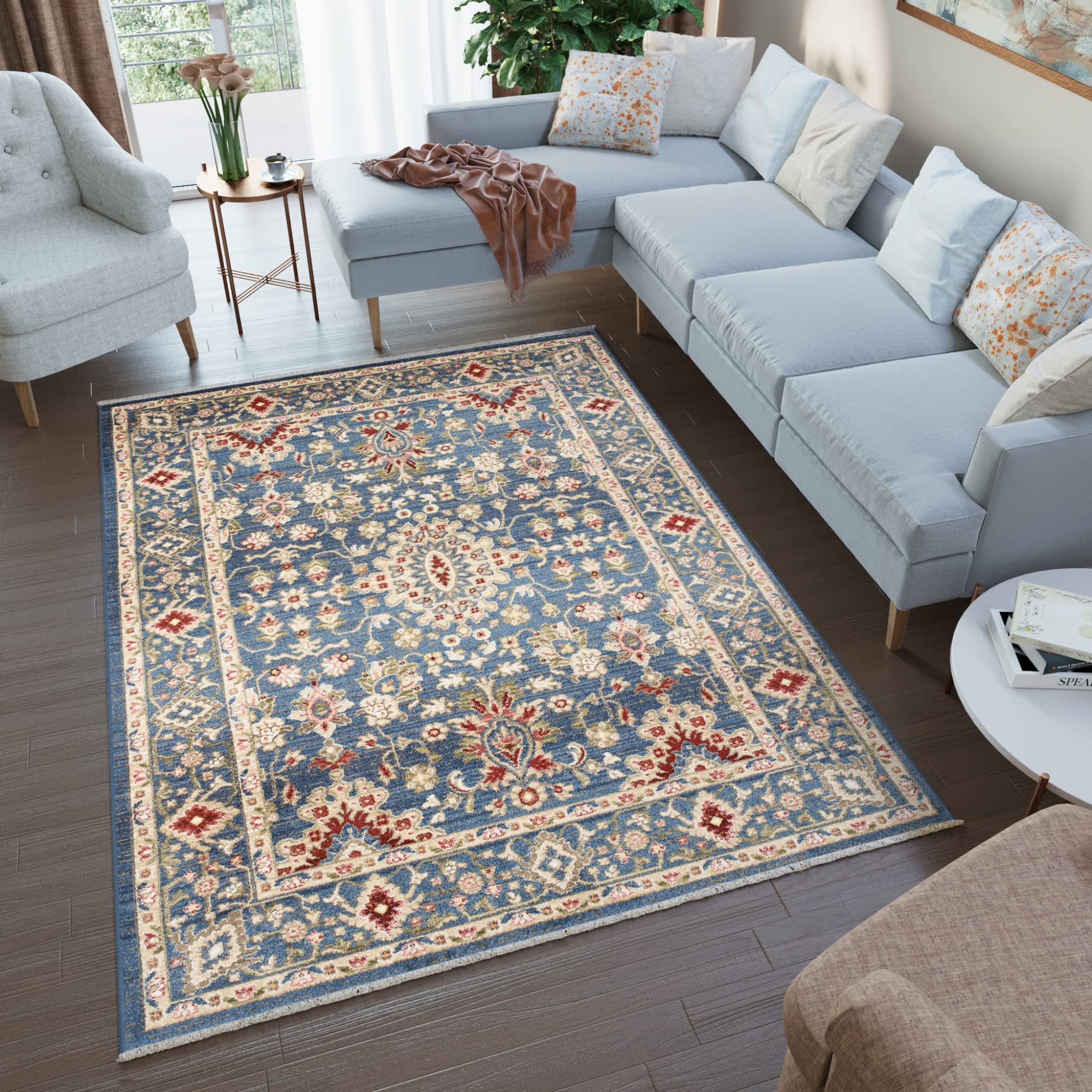TAPISO Tappeto Rivoli Soggiorno Sala Salotto Camera da Letto Ufficio Design Vintage retrò Motivo Tradizionale Classico Ornamenti tonalità Blu Pelo Corto 80 x 150 cm